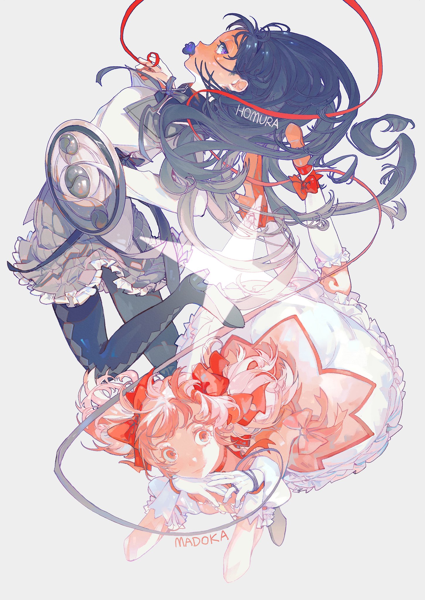 this is a digital illustration featuring two characters from the anime series madoka magica. the two are homura akemi and kaname madoka. homura is shown flying in the air, wearing a white dress with a black skirt, with a red string wrapped around her wrist that is connected to madoka. madoka is also shown flying in the air, but she is upside down. her pink hair is tied with a big red ribbon and she is wearing a white dress with a pink overlay. both characters are looking up, and their eyes are closed.  the background is white.