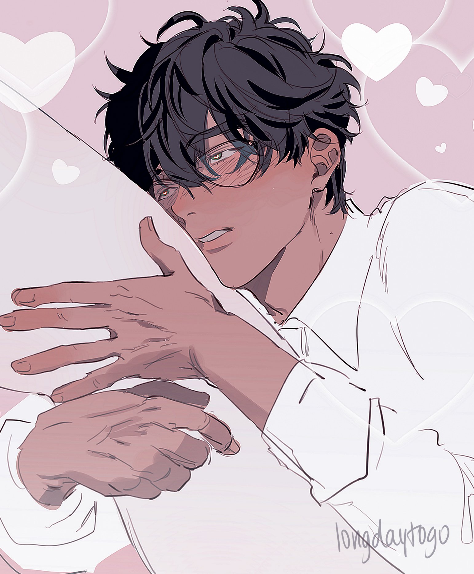 the image is a digital illustration in an anime/manga style depicting a young man with dark, slightly wavy hair and glasses. he has a warm skin tone and is blushing. he's shown embracing something or someone (only a portion of their form is visible),  his expression is one of contentment and affection.  the background is a soft pink with translucent hearts scattered around, enhancing the romantic and tender atmosphere. the artist's signature "longdaytogo" is subtly placed in the lower right corner. the overall style is soft, intimate, and evokes feelings of love and romance.