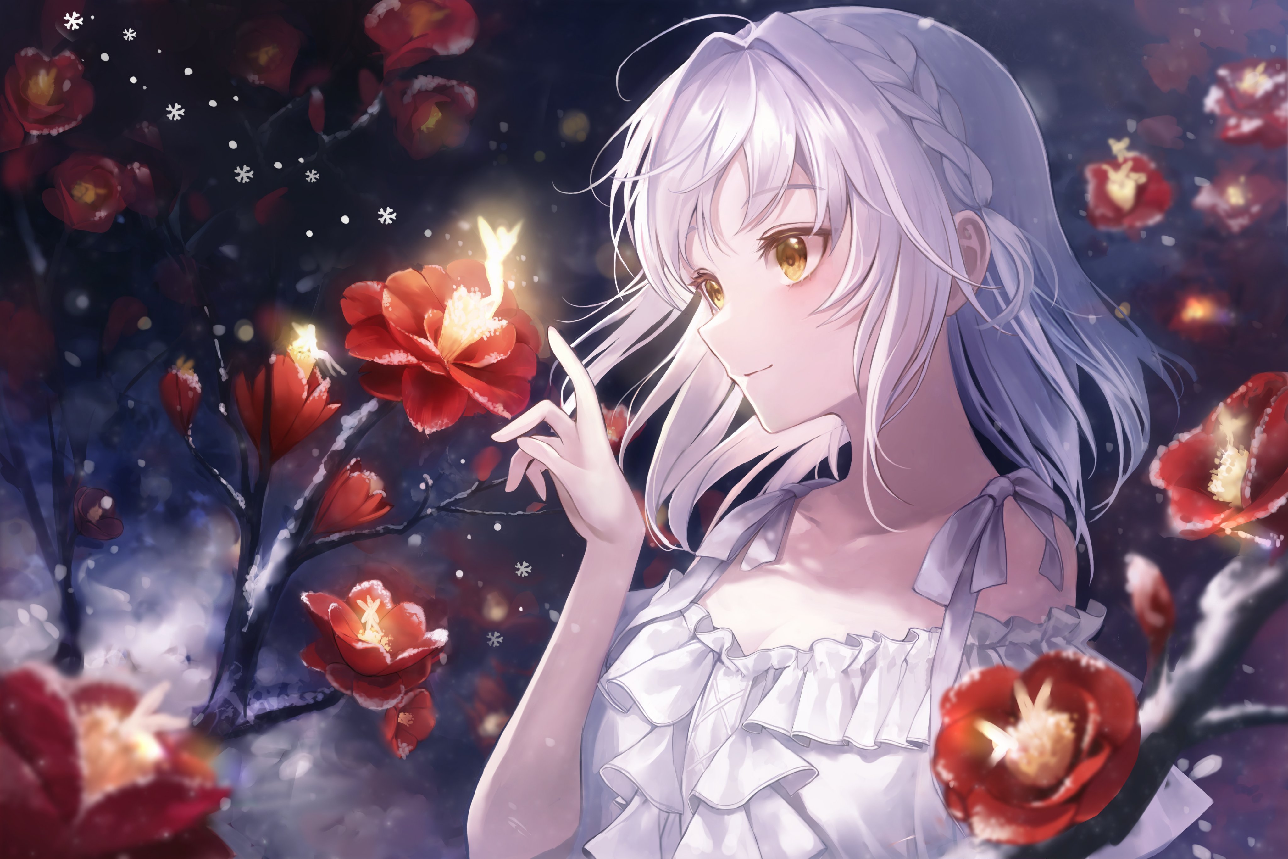 the image is a digital illustration of a beautiful anime girl with long, white hair and bright yellow eyes. she is smiling gently and appears to be interacting with glowing, magical fairies among a background of snowcovered red camellias. the girl is wearing a white offshoulder dress with ruffles, adding to her elegant appearance. the overall atmosphere is magical and peaceful, conveying a sense of winter wonder. the art style is highly detailed and vibrant, with soft lighting and shading.