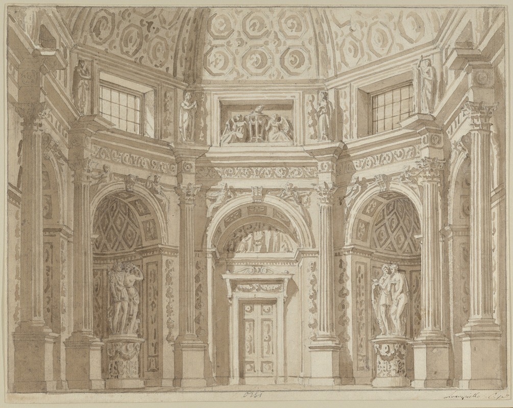 an architectural drawing depicts a classical interior space with a dome overhead. the interior features columns, arches, and classical ornamentation. statues are placed within niches, and reliefs adorn the upper walls. windows provide light, creating areas of shadow within the space. perspective is used to convey depth and dimensionality. a door is centrally located.