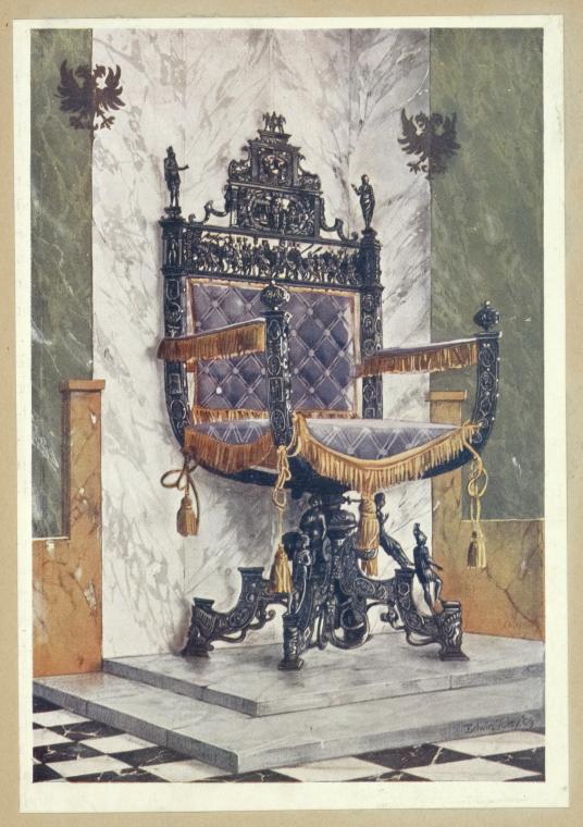 an illustration depicts an ornate, elevated throne with a dark frame, purple tufted upholstery, and gold tassels. the throne is situated on a stepped platform with a black and white checkered floor. above the throne on the marble walls are depictions of eagles. the overall aesthetic suggests a luxurious and royal setting.
