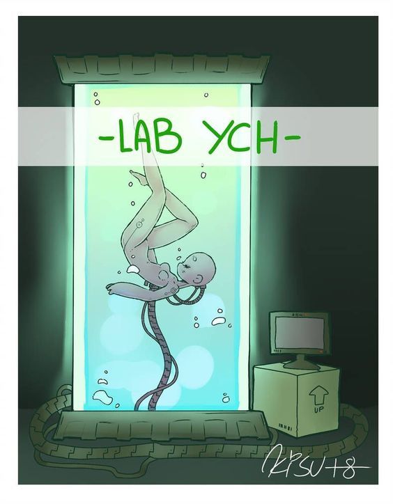 a cartoon illustration of a female character inside a glass tube. the tube is labeled with the words "lab ych". the character has her head on the side and is connected to wires. the tube is in a dark room, illuminated with green and blue lights. there's a box on the side with "up" on it. there is a computer monitor next to the box. the entire image has a scifi aesthetic.