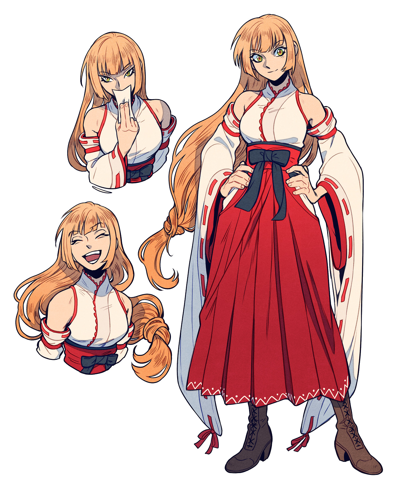 this is a character design sheet, showcasing one female character in three different poses and expressions. she has long blonde hair, yellow eyes, and is wearing a white sleeveless top with a red skirt. her attire resembles a shrine maiden's outfit. in the main image, she stands confidently with her hand on her hip. the top left image shows her with a mischievous smirk, while the bottom left portrays her laughing. the art style leans towards anime and manga, featuring clean lines and vibrant colors.