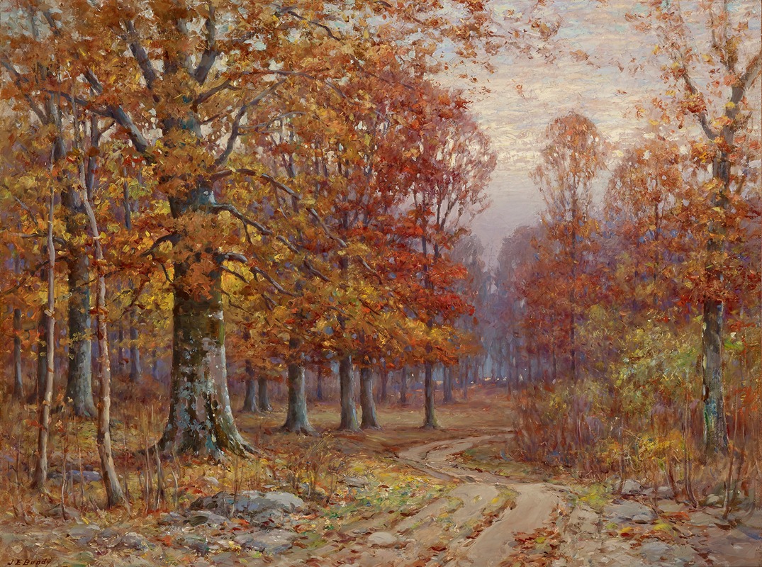 the image is a painting of an autumn landscape featuring a forest scene. the trees are adorned with colorful fall foliage in shades of orange, yellow, and red. a path or road winds through the forest, leading the viewer's eye into the distance. the painting style appears artistic, possibly reminiscent of an impressionist or tonalist approach. the artist is j.e. bundy, as indicated by the signature.