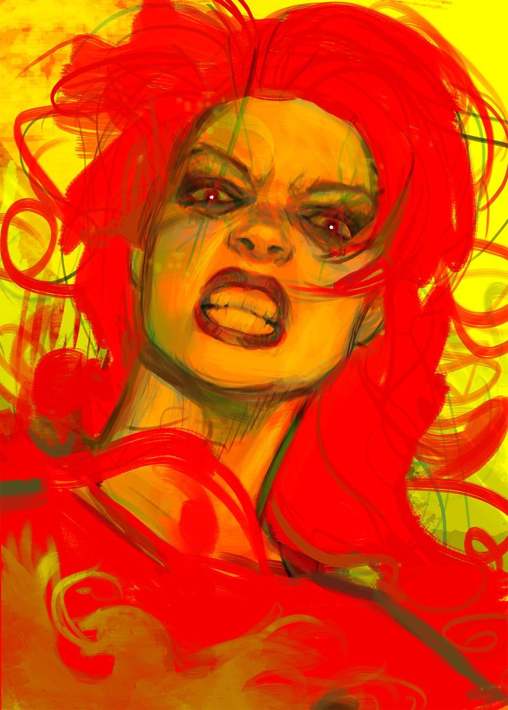 the image is a stylized digital painting or illustration of a woman's face. she has vibrant red hair, and her expression is one of intense anger or fury. the colors are predominantly red, yellow, and orange, creating a bold and dramatic effect. the style is painterly, with visible brushstrokes and an almost abstract quality to the background. the focus is on the woman's powerful emotional expression. the overall impression is one of fierce energy and strong emotion.