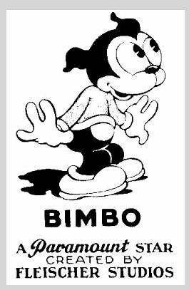 black and white cartoon illustration of bimbo the dog, a paramount star created by fleischer studios. the illustration features bimbo in a standing pose, with his signature wide eyes and playful expression. the text "bimbo" is written below him in bold, capital letters, followed by "a paramount star created by fleischer studios".