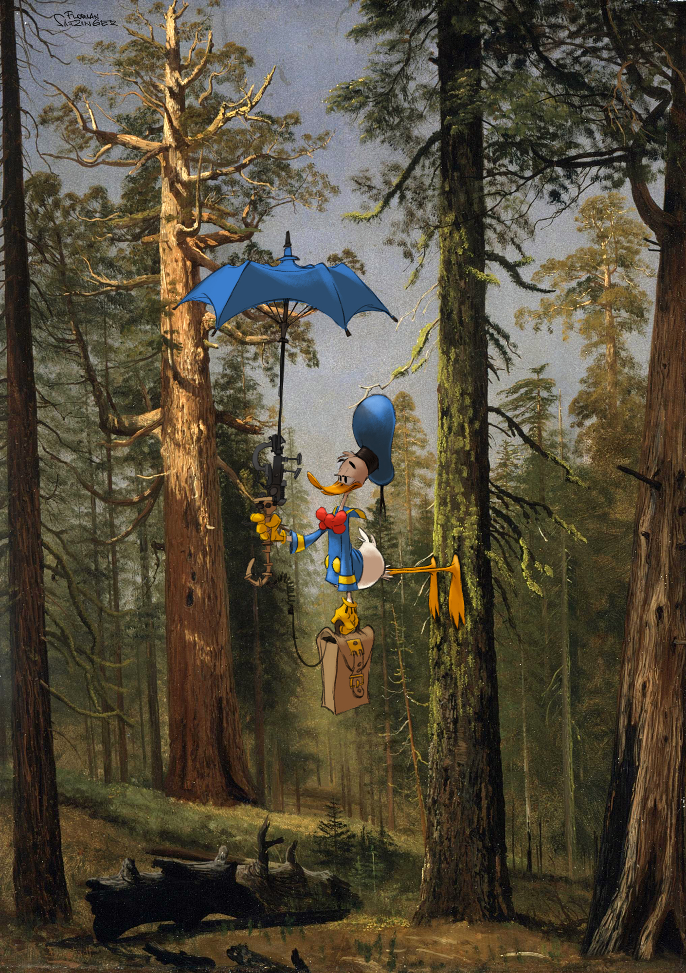 the image is a painting featuring donald duck floating in a forest, suspended by a blue umbrella. he wears his signature blue sailor hat and jacket with a red bow tie. he appears to be holding onto some sort of contraption, and a bag is hanging below him. the scene is set amongst tall trees, with a dark, mysterious forest background.