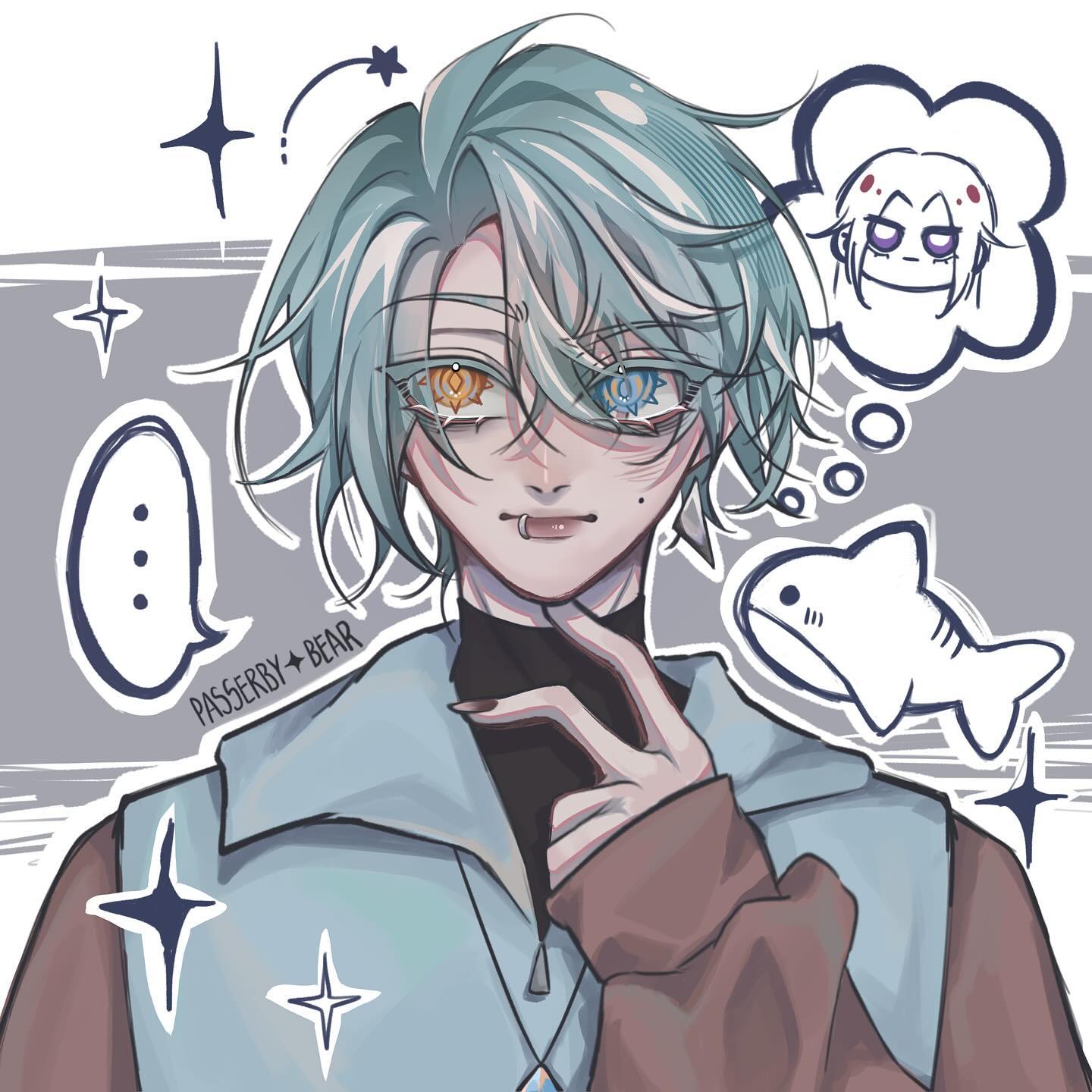 the image is a digital drawing of an animestyle male character. he has teal hair, heterochromia iridum (one orange eye, one blue eye), and is wearing a light blue and brown hoodie. he has a slightly pensive expression and is touching his chin with one hand. in a thought bubble above his head is a small depiction of a girl. there is also a drawing of a shark to the right of the main character. the style is soft and pasteltoned, leaning towards a manga aesthetic with distinct stylistic choices in the hair, eyes and thought bubbles.  the overall feel is dreamy and slightly mysterious.