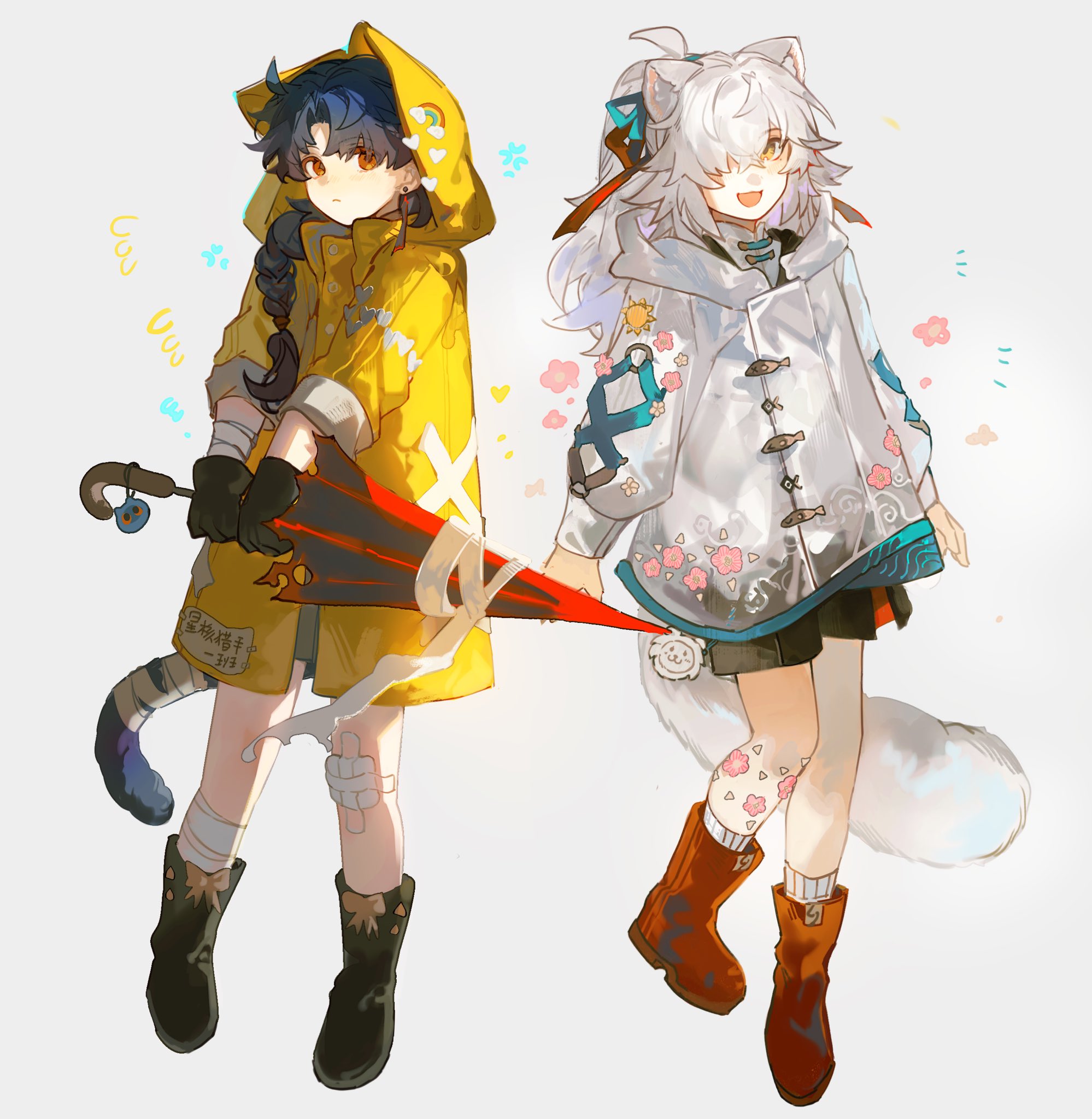 two anime girls, one in a yellow raincoat and one in a white coat, are smiling and holding a red umbrella together.