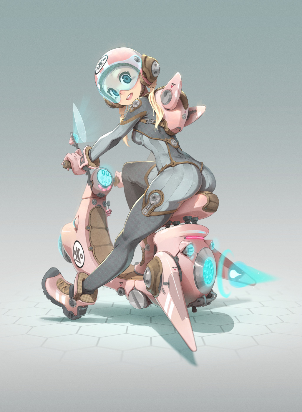 this is a digital illustration of an anime girl in a futuristic setting.  she is wearing a white and pink helmet and riding a pink and white motorcycle. she is looking back at the viewer.