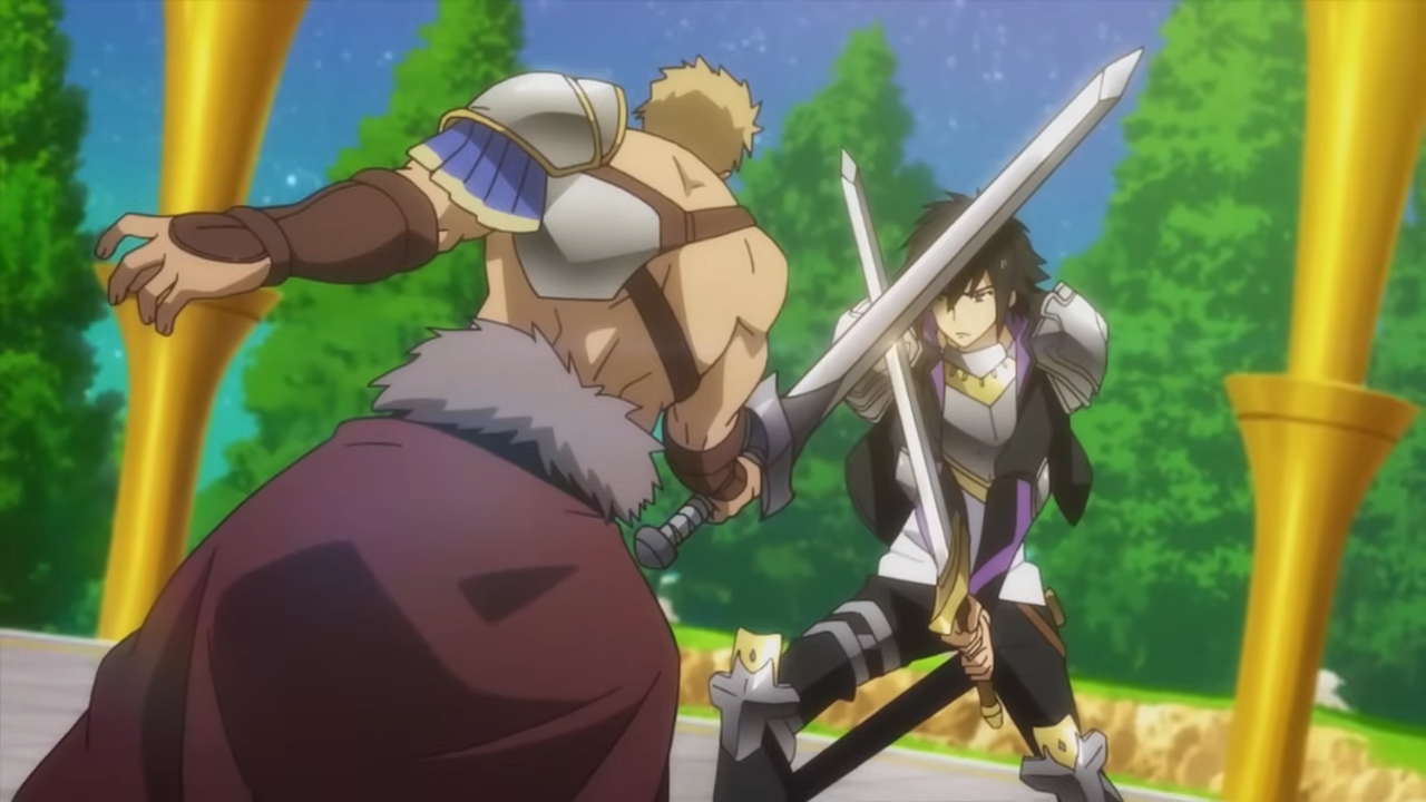 two animestyle male characters are locked in a sword fight.  one character with black hair and armor wields two swords defensively against a larger, blond character wearing armor and a fur cloak. the background shows a clear blue sky and lush greenery, including tall golden structures resembling pillars. the scene is brightly lit, suggesting daytime and takes place on a stone surface.