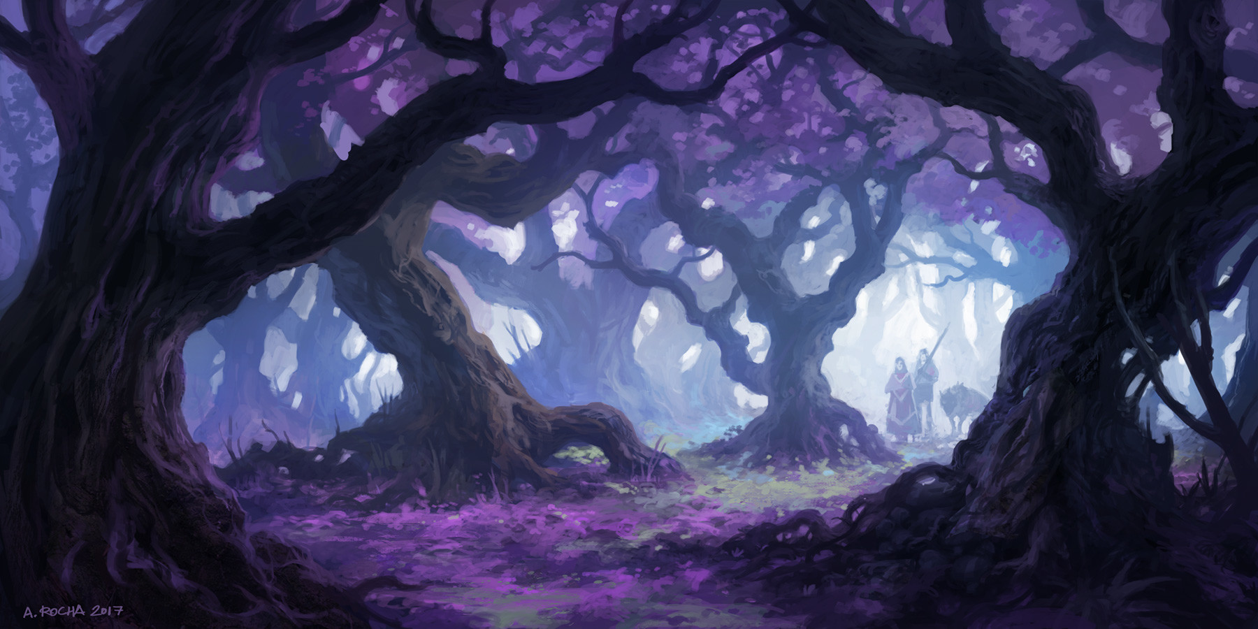 a digital painting of a fantasy forest with purple hues. two figures are walking down a path in the distance. the trees are large and twisted, with their branches reaching up towards the sky. the ground is covered in purple flowers. the overall atmosphere of the painting is mysterious and enchanting.