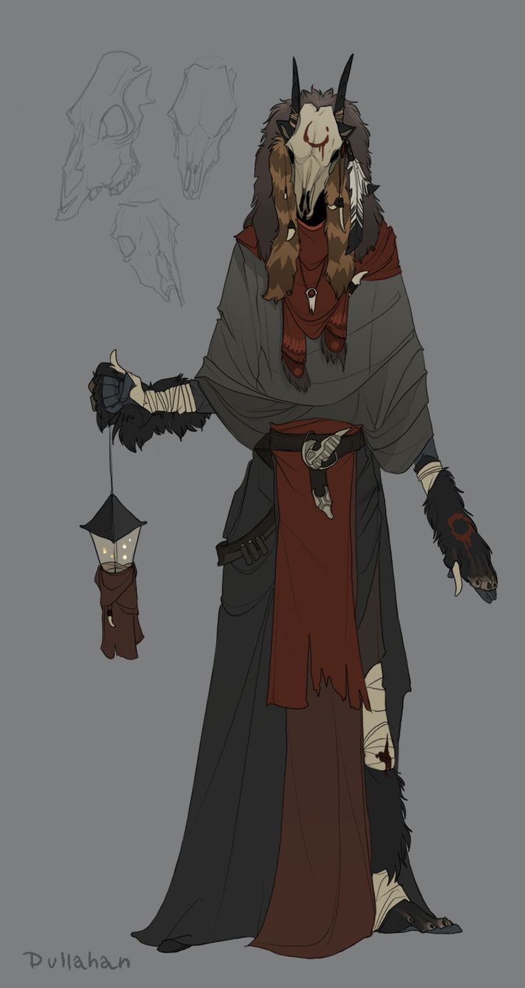 this illustration depicts a humanoid creature with a skulllike mask, horns, and fur. it is wearing a long, black cloak and a red sash. the creature is holding a lantern in one hand and has a menacing expression. the background is a simple gray. the creature is drawn in a stylized and detailed way, with clear lines and shading.