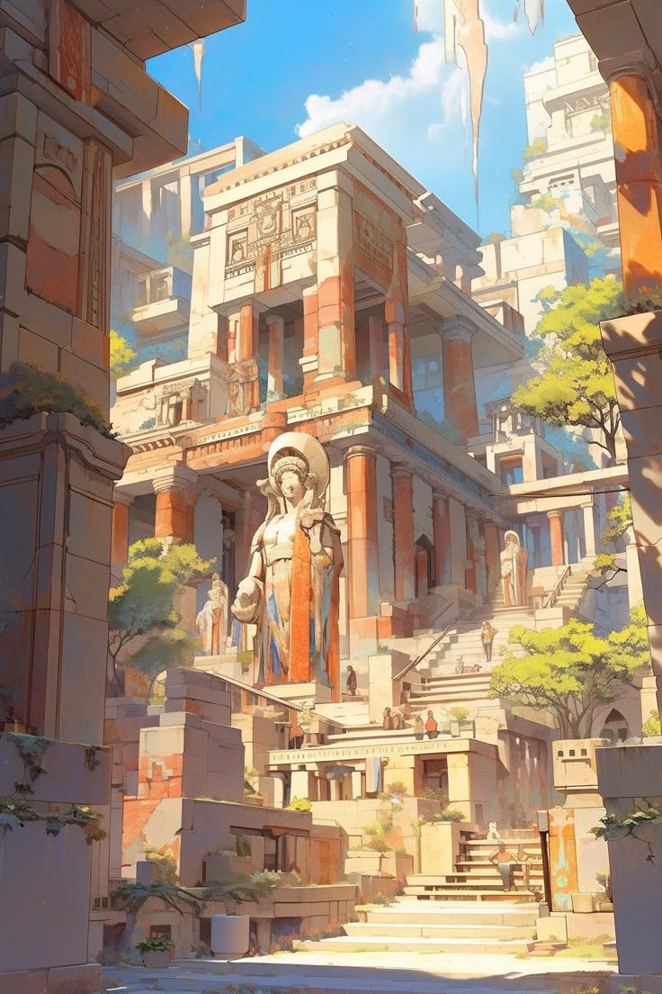 the image shows a cityscape with ancient architecture and statues. there are many buildings with columns and steps leading up to them. several statues are visible, including a large one with a halolike structure on its head. people are seen walking on the steps. the sky is blue with some clouds, and trees are interspersed throughout the city. the overall style of the image is artistic and slightly stylized.