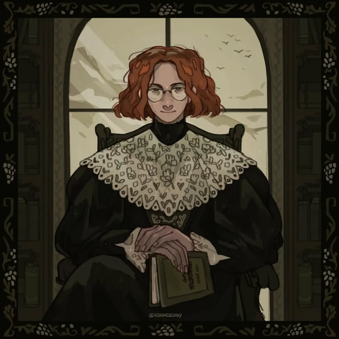 the image is a digital painting or illustration depicting a young woman with shoulderlength, reddishbrown hair and glasses.  she is seated in a chair in what appears to be a library or study,  wearing a dark, elegant dress with a large, intricately detailed lace collar. she holds a book in her lap. the setting is dimly lit and features a large window with a view of a mountainous landscape and bookshelves visible in the background. the overall style is reminiscent of dark academia and has a vintage or antique feel. the artist's signature, @kusanagiizuny, is visible in the bottom right corner.  the portrait conveys a sense of calm, quiet contemplation.