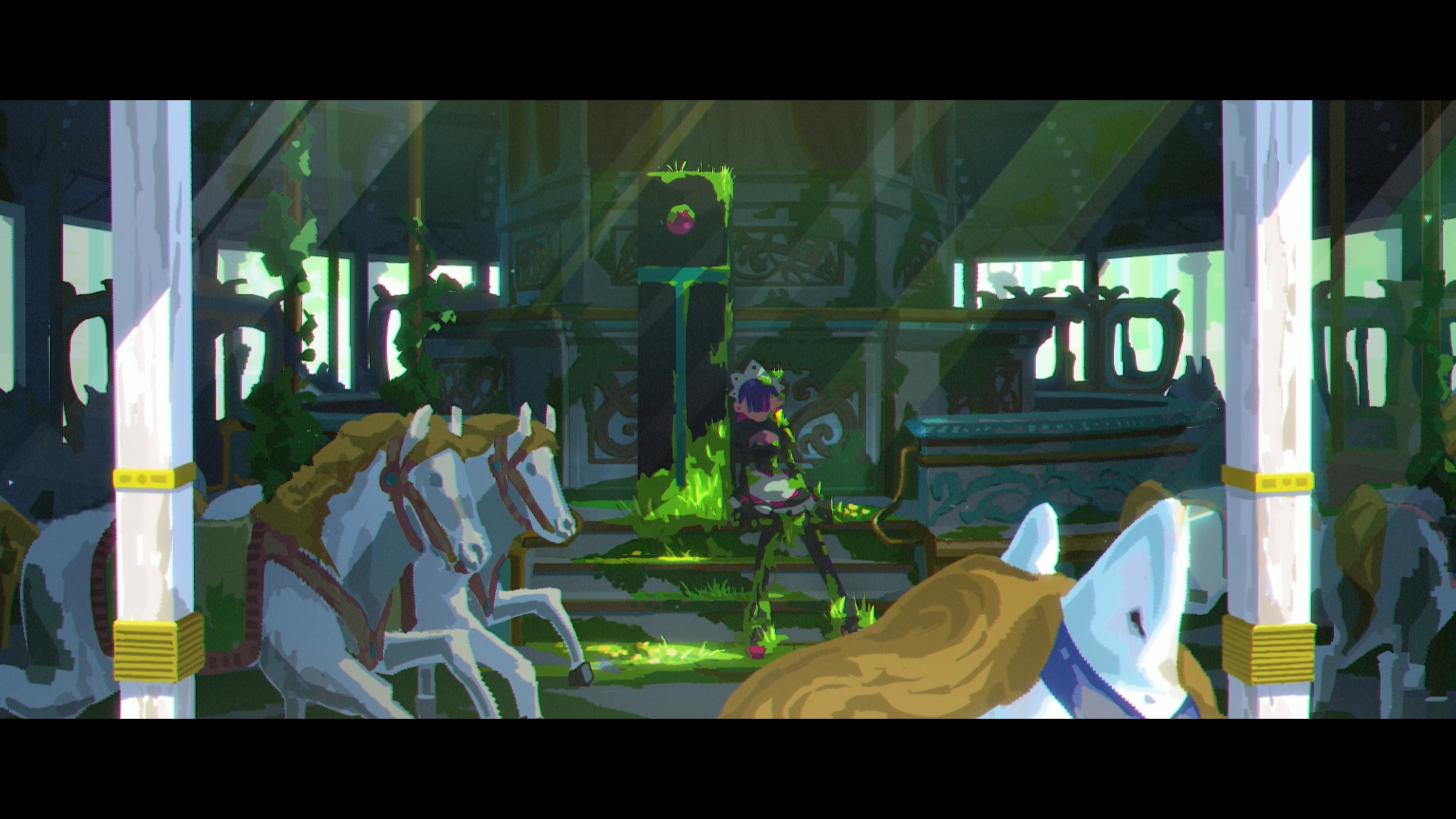 an abandoned carousel is depicted, overtaken by lush vegetation.  the horses are still and faded, while a lone, ethereallooking girl with dark hair and clothing adorned with glowing green details sits amongst the greenery. the carousel's structure peeks through the overgrowth, hinting at its former grandeur. sunlight filters through the leaves, creating a dappled lighting effect.