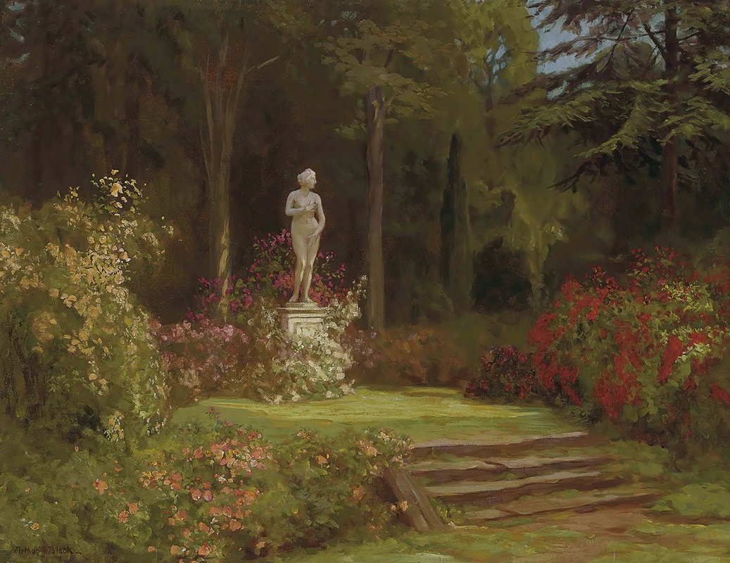 an oil painting depicts a serene garden scene. a white statue of a nude woman stands atop a pedestal in the middle of the garden, surrounded by colorful flowers. tall trees stand in the background, creating a sense of depth and tranquility. steps lead up to the statue and the grassy area surrounding it. the overall impression is one of peace and beauty, reminiscent of classical art.