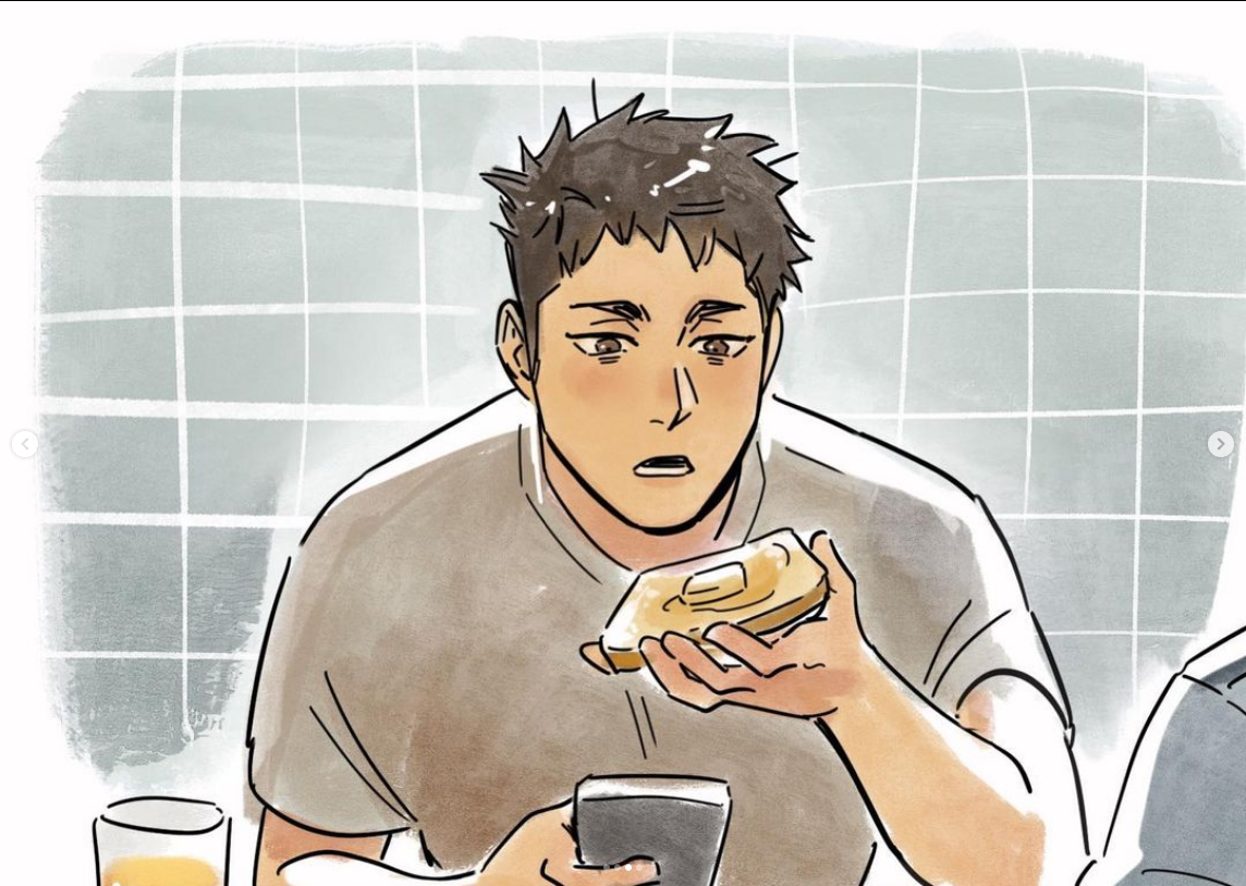 a digital illustration of a man with short, dark hair and tan skin. he is wearing a darkcolored tshirt.  he's seated at a table and holds a piece of toast with butter in his right hand, his expression surprised. in his left hand, he holds a darkcolored mug. on the table in front of him are a glass of orange juice and a white plate.  the background is a light greyblue with a grid pattern, suggesting tiles. the style of the drawing is loose and expressive, with visible brushstrokes.