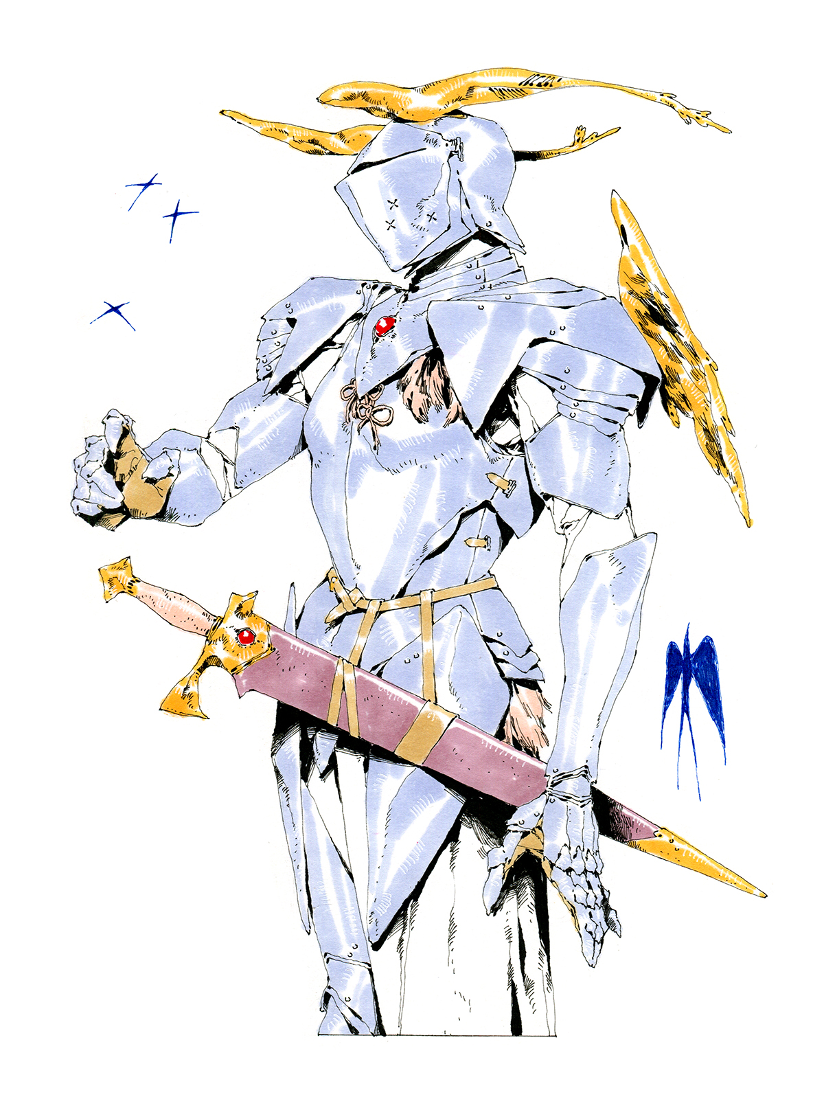the illustration showcases a knight clad in ornate, silver armor with golden accents. they stand in a confident pose, their right hand resting on the pommel of a sheathed sword. large, feathery wings, tipped with gold, sprout from their back. the knight's helmet is adorned with a halolike structure, further enhancing their angelic appearance. the art style leans towards a detailed manga aesthetic, with clean lines and subtle use of shading. the overall impression is one of power, grace, and a sense of divine purpose.