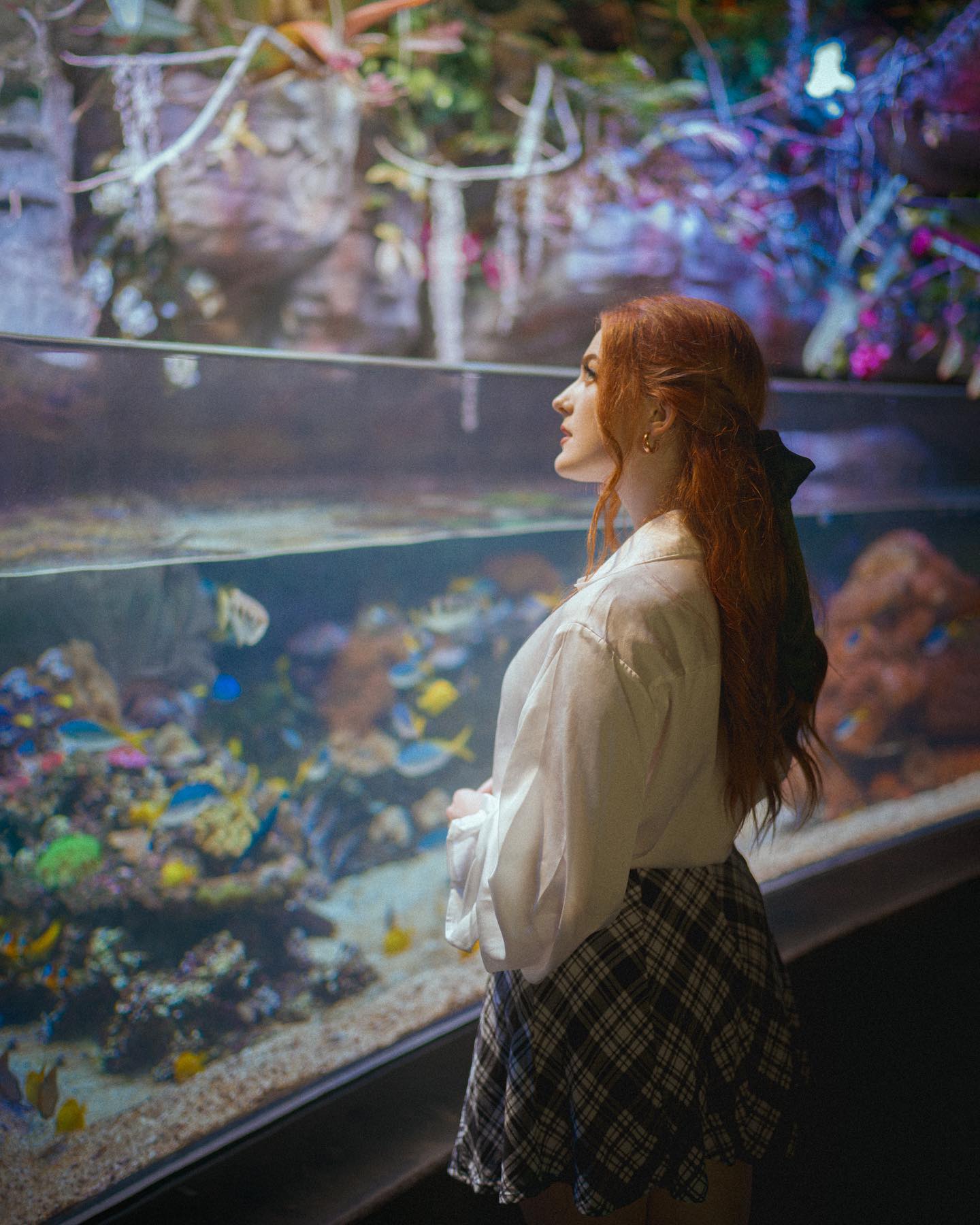 a young woman with long, red hair tied back with a green scarf stands contemplatively in front of a large aquarium tank. she is wearing a white blouse and a black and white plaid skirt. the tank is filled with colorful fish and coral. the lighting is dim and creates a serene atmosphere.