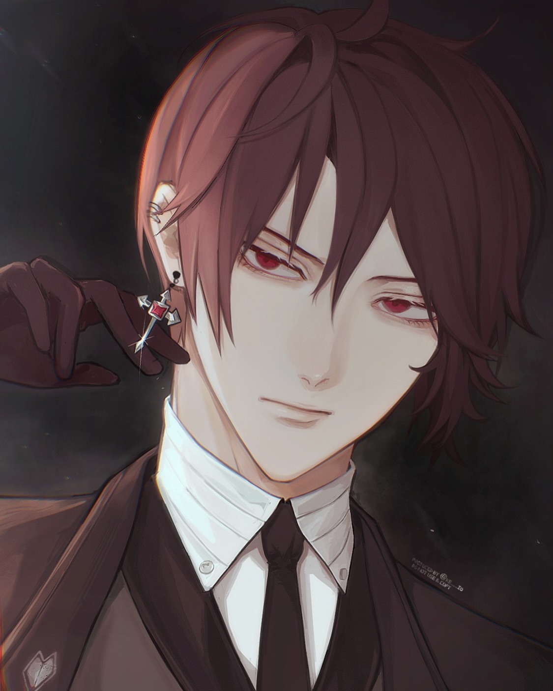 the image is a closeup portrait of a young anime character. he has dark red hair and red eyes, and he is wearing a black suit, white shirt, and black tie. he is wearing a crossshaped earring and has a sly smirk on his face. the background is dark and shadowy, and the character's expression is both mysterious and seductive.