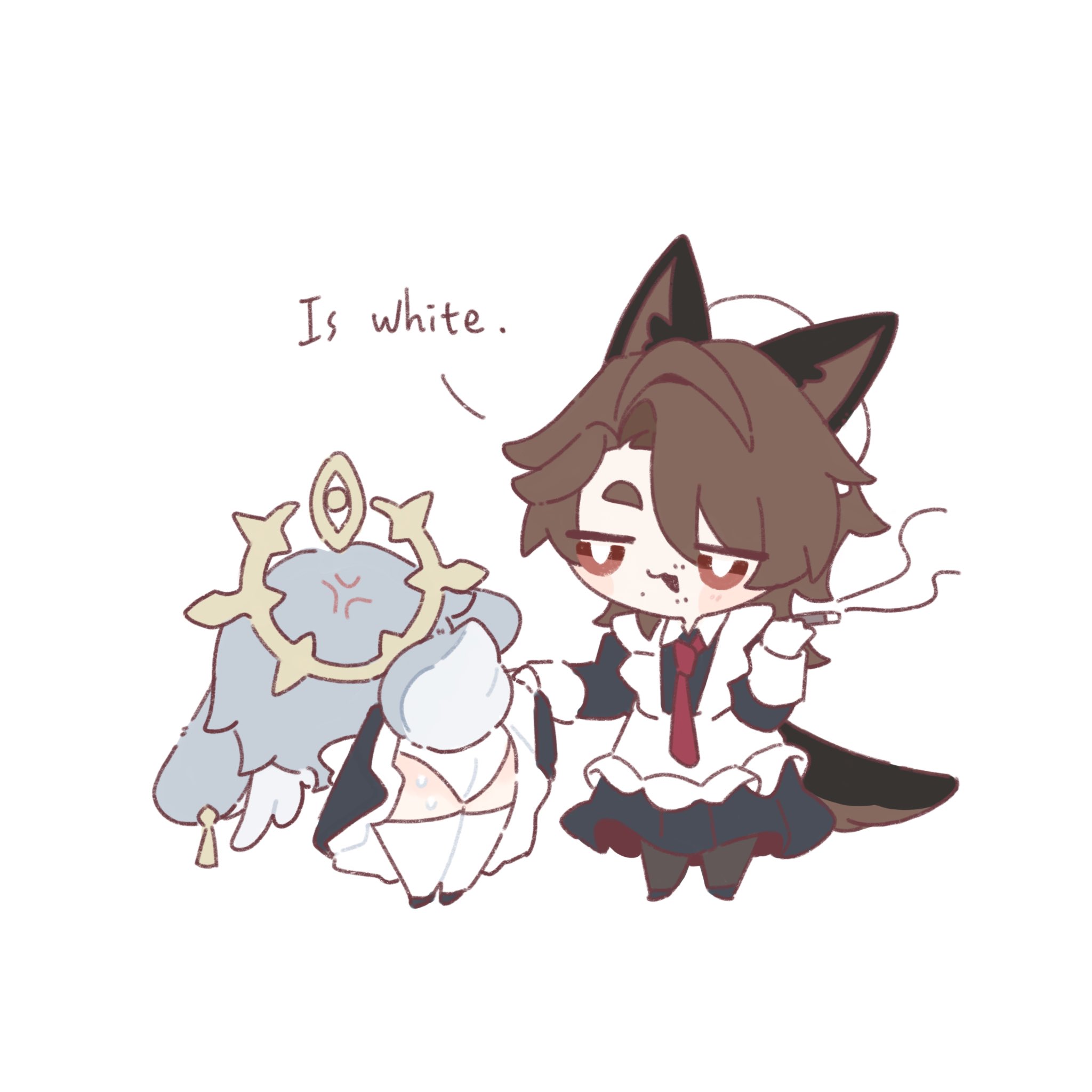 he image is a digital drawing of two chibi characters.  the larger character is a furry character with brown hair styled in a sort of bob and wearing a maid outfit, a red bow tie, and smoking a cigarette. they're looking down at a smaller character, which is a light grey and blue being with a celestial design on its head, wearing a white dress. the maid character is lifting up the smaller character's dress, revealing some white underwear, and saying, "is white."  the style is cartoonish and cute, but with an element of mischievousness. the overall tone is humorous and lighthearted.