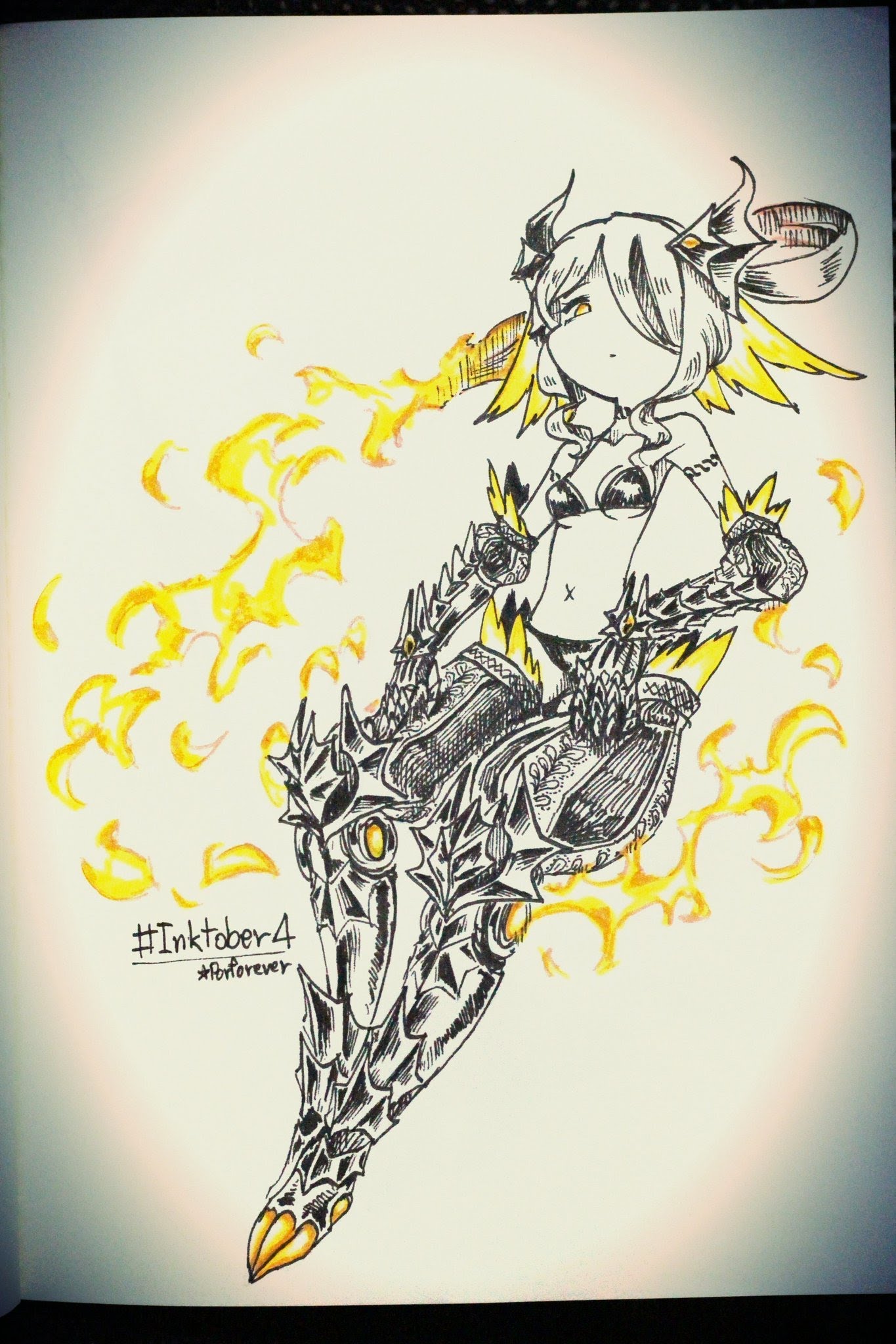 this is an ink drawing of a girl riding a dragon. the girl is wearing armor and has wings. the dragon is breathing fire. the drawing is done in black ink on white paper. the background is yellow. there is a hashtag #inktober4 on the image.