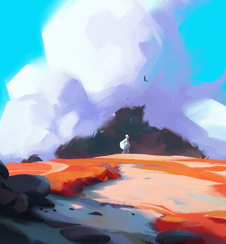 the image is an abstract landscape digital painting featuring a person standing on a horizon, with a large cloud formation in the background. the landscape is a mix of orange sand and rocks, with a blue sky overhead. a small bird is flying in the sky.