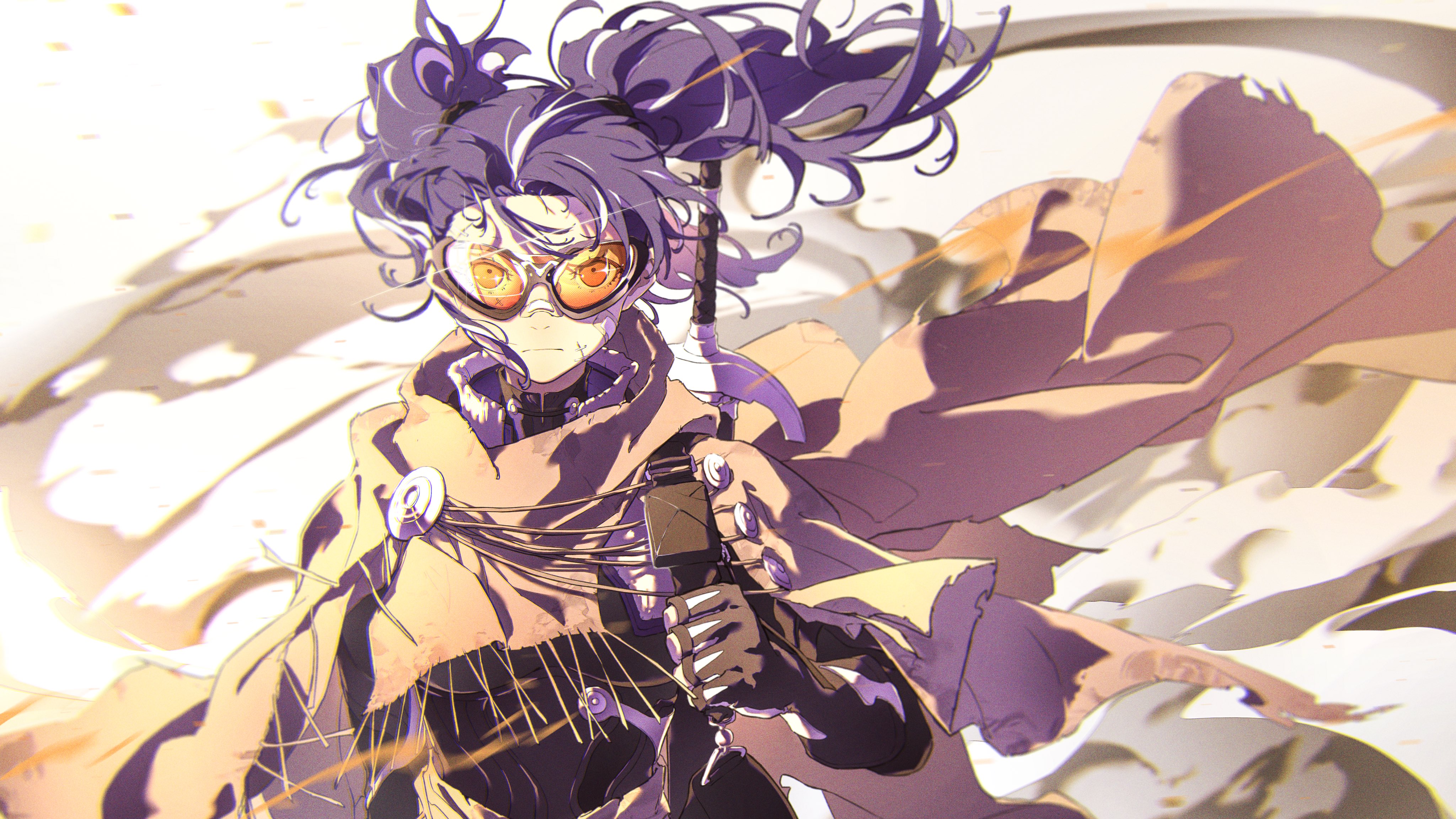 an animestyle image of a girl with purple hair styled in a high bun, wearing orangetinted goggles and a tan cape. she is holding a sword and is wearing gloves and a long sleeve shirt. the background shows implied wind and movement.