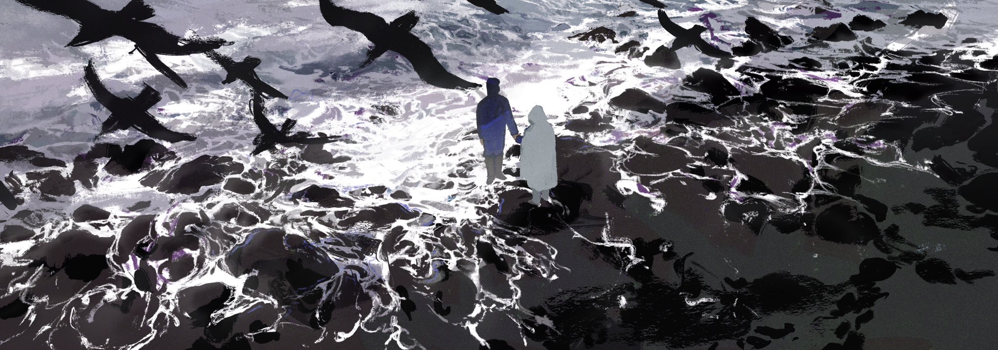 the image shows a couple walking on a rocky beach with waves crashing around them. the beach is dark and covered in black rocks and white sea foam. a large flock of black birds flies overhead. the overall atmosphere is dark, moody, and romantic.