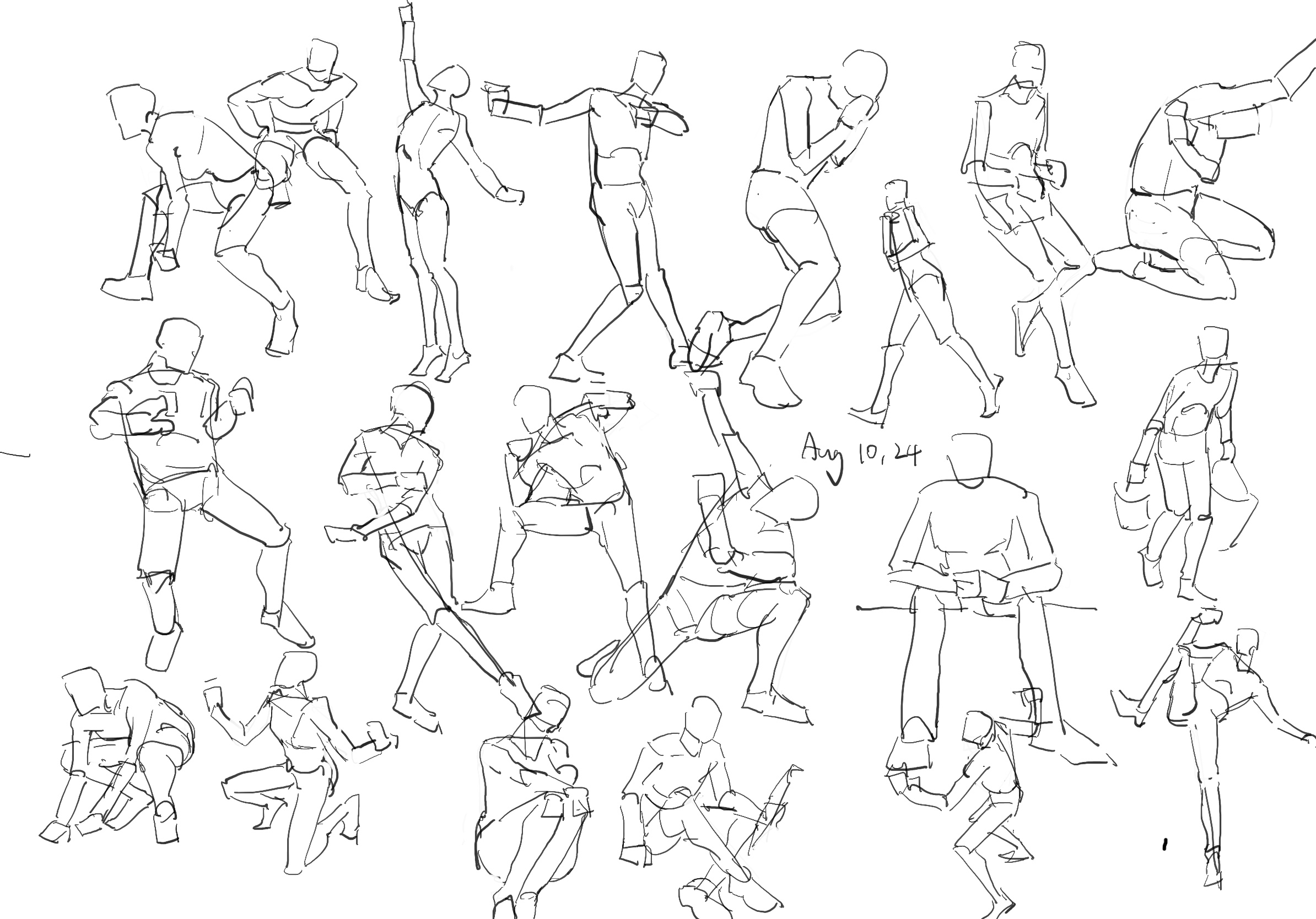 a page of gesture drawings, practicing figure and poses.