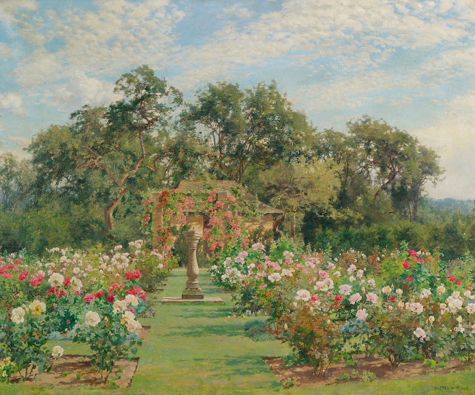 a painting of a lush garden scene. rows of colorful roses in shades of pink, red, and white line a grassy path. in the background is a stone pergola covered in climbing pink roses, surrounded by trees. the sky is blue with scattered white clouds.