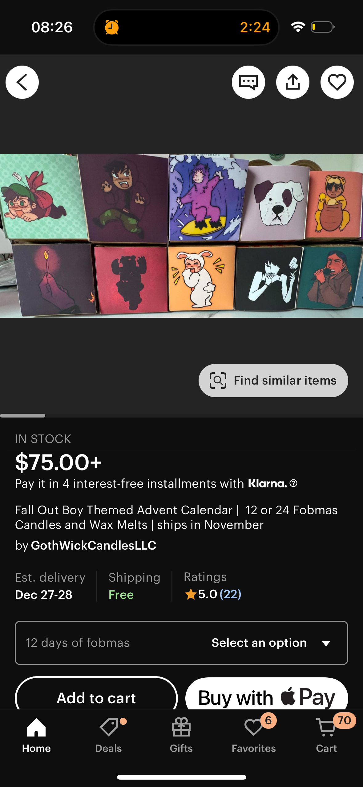 this is a product listing for a fall out boy themed advent calendar. the calendar features 12 or 24 fobmas candles and wax melts, and ships in november. the listing includes the price, shipping information, and customer reviews. the image also shows a closeup of the calendar with a variety of different illustrations.