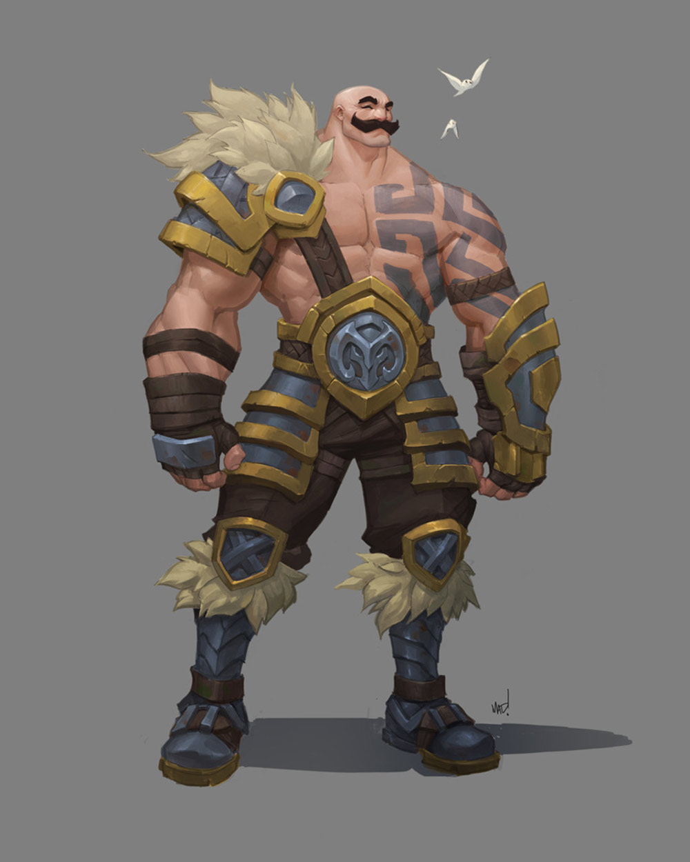 the image shows a digital painting of a fantasy warrior. he is a large, muscular bald man with a mustache and tattoos. he wears elaborate gold and blue armor with fur accents. his expression is confident and strong. the style is stylized and slightly cartoonish. the background is a simple gray.  two small white birds are visible in the upper right corner.