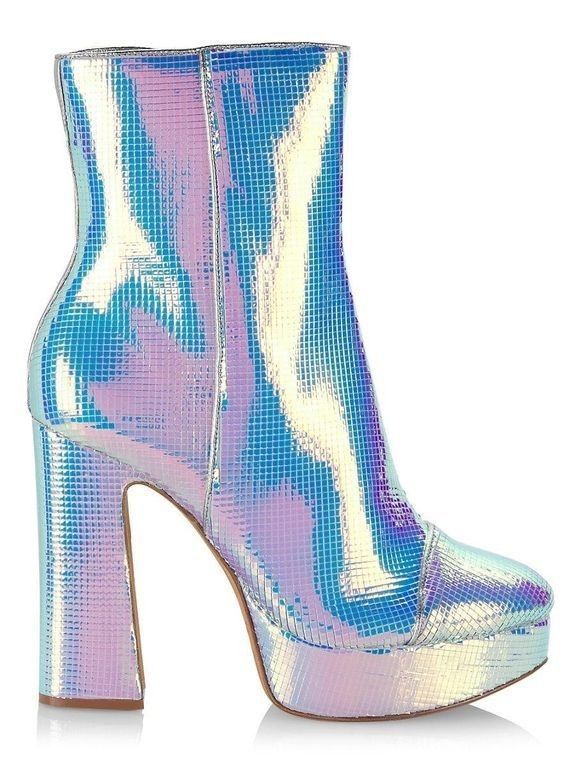 an isolated studio shot showcases a highheeled ankle boot with an iridescent, reflective surface reminiscent of a holographic or futuristic aesthetic. the boot features a robust block heel and a platform sole, indicative of a modern, fashionable design. the color palette is a mix of blues, purples, and silvers, enhancing its eyecatching appeal.