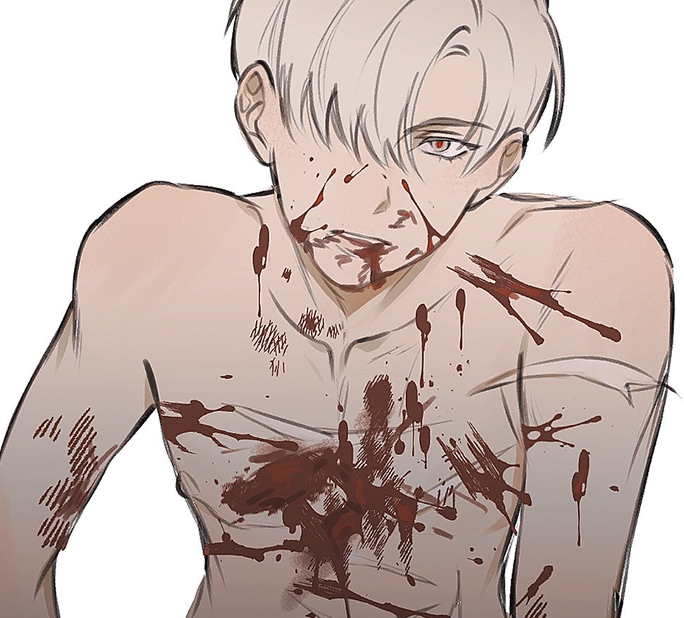 the image is a digital drawing or illustration in an anime/manga style depicting a young, paleskinned man with white hair and red eyes.  he is shirtless and heavily injured, with numerous cuts and blood splatters across his chest and face. the style is somewhat sketchy and somewhat graphic, emphasizing the violence and pain the character is experiencing. the blood is depicted in dark reddishbrown tones. the expression on his face is one of intense pain or anger.