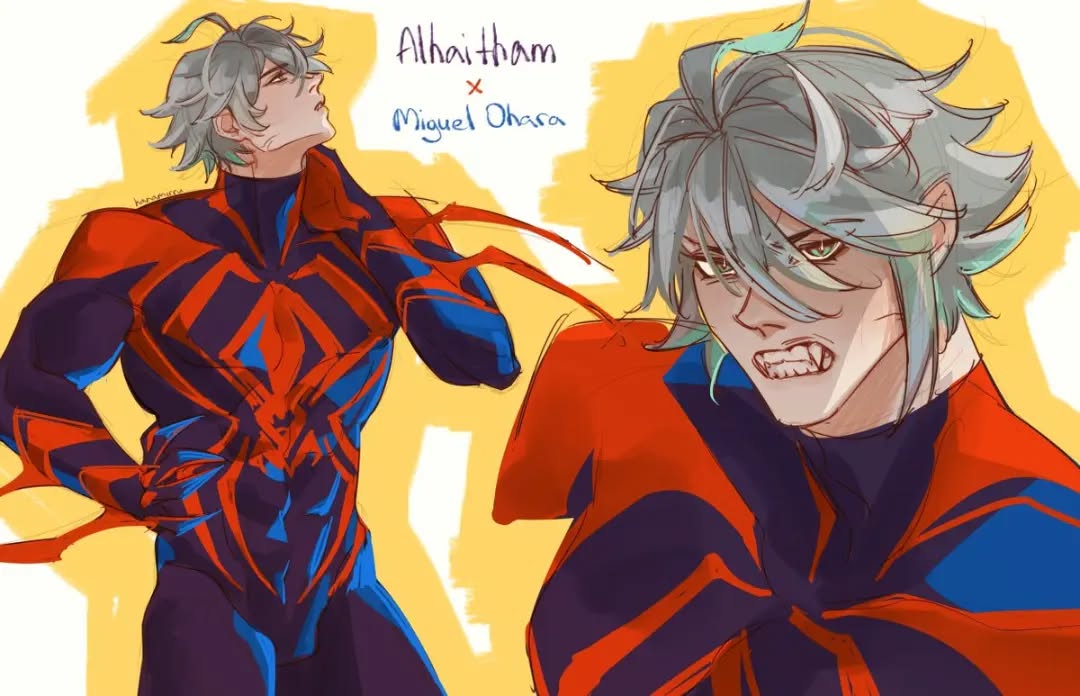 the image is a piece of fanart depicting althaitham, a character from genshin impact, as spiderman 2099 (miguel o'hara). the art style is a blend of anime and western comic book styles, characterized by dynamic poses and vibrant colors.  it shows two views of althaitham in a redesigned spiderman 2099 suit; one view shows a full body pose from the side, and the second is a closer, more aggressive facial expression. the artist's signature is subtly placed on the left. the text "althaitham x miguel o'hara" is written above the art, clearly indicating the character crossover and inspiration. the overall mood is energetic and stylish, showcasing a creative take on familiar characters.