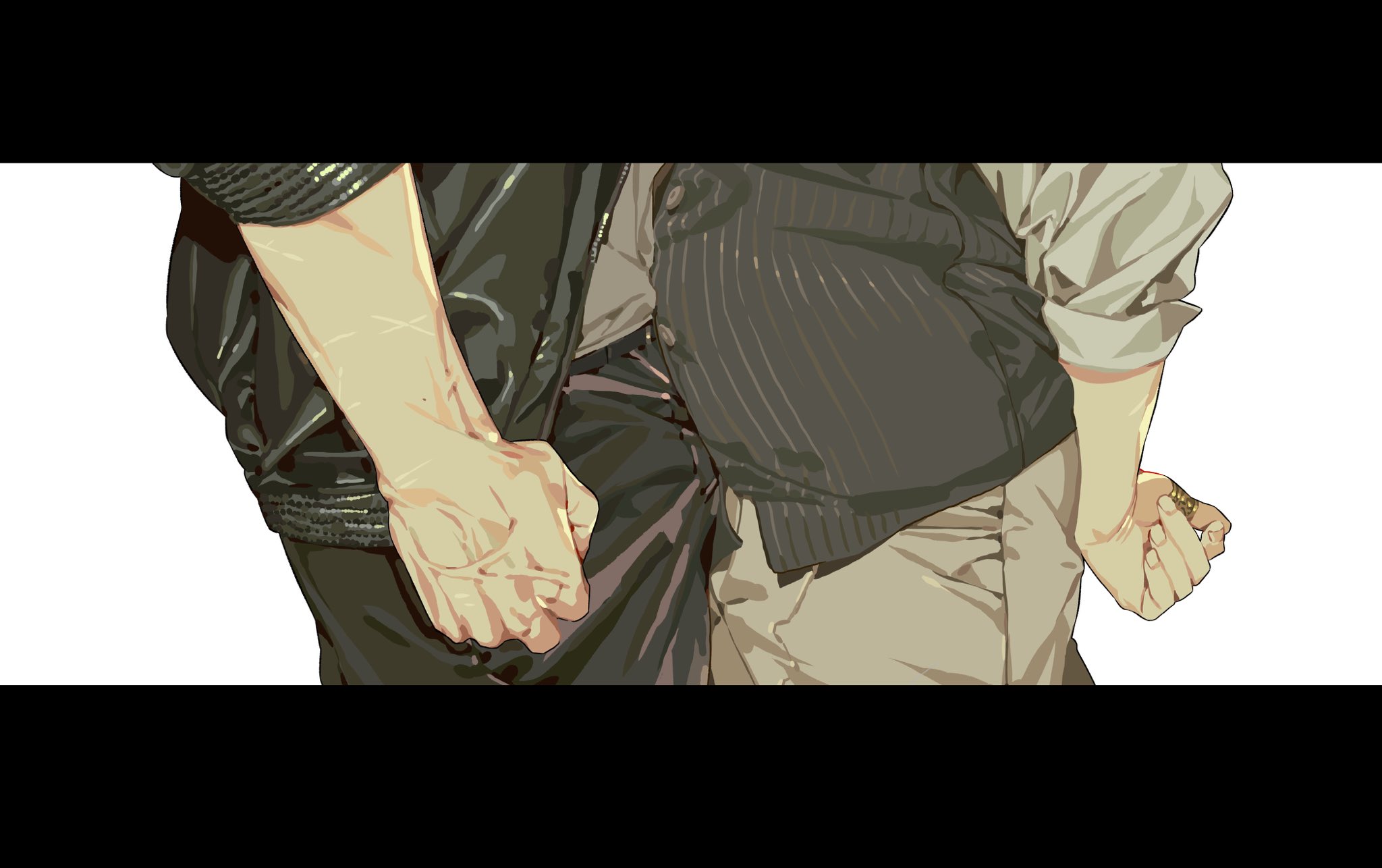 two people are holding hands. one person is wearing a black leather jacket, and the other is wearing a gray vest over a white shirt. the person wearing the vest has a gold ring on their finger. the person wearing the jacket has scars on their arm.