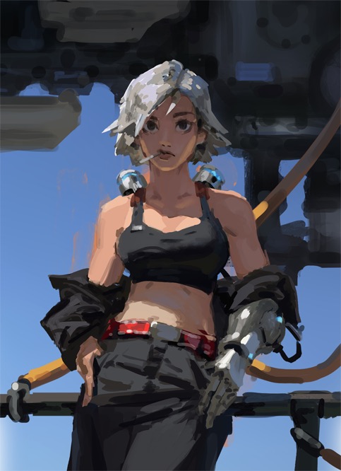 a digital painting depicts a young woman with short grey hair, a robotic arm, and a confident expression. she is wearing a black cropped top, red belt, and dark pants. the setting appears to be an outdoor industrial area with large machinery in the background.  the style is reminiscent of anime or manga, with a blend of realistic and painterly techniques. the overall tone is futuristic and cyberpunk.