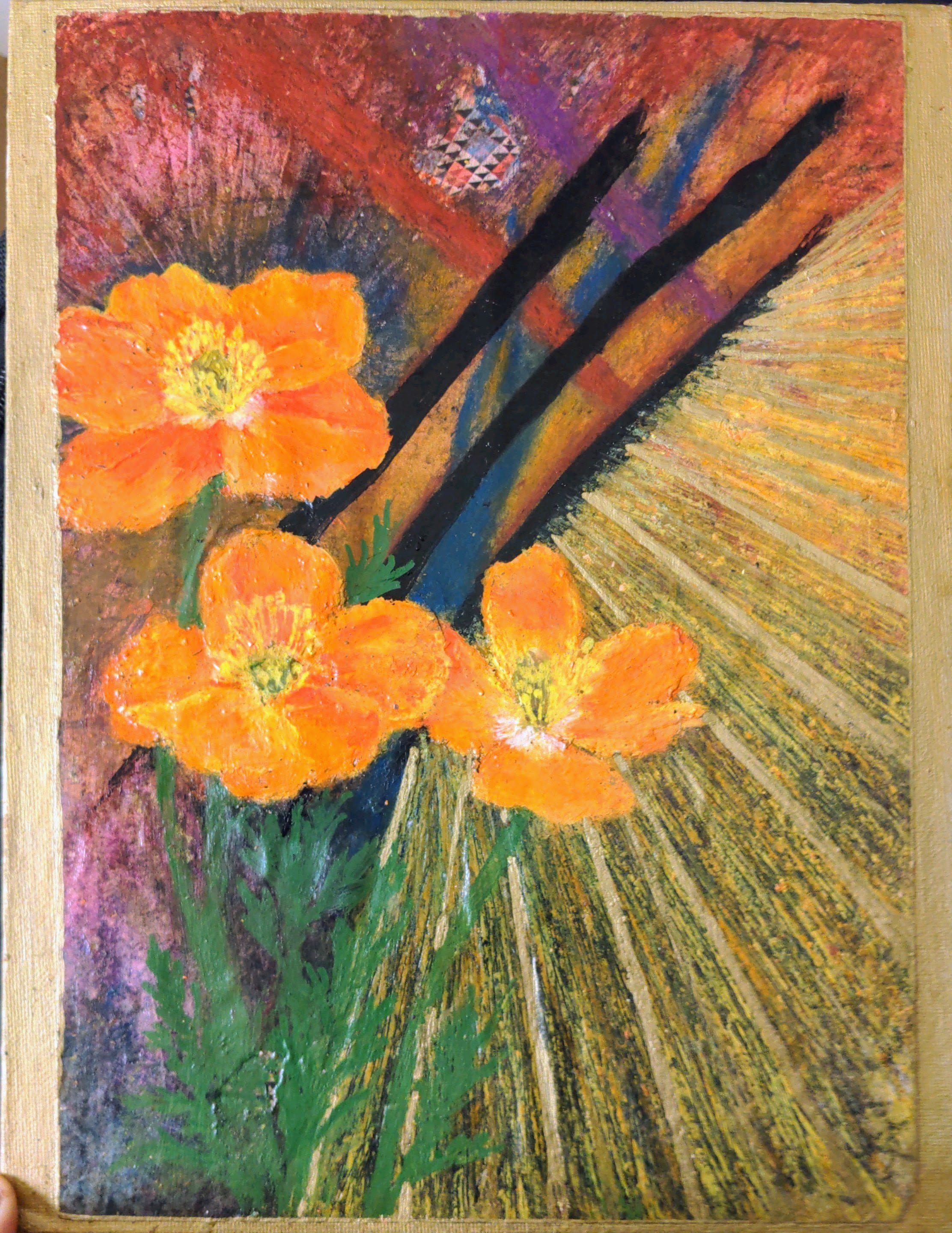 this is a painting of three orange flowers on a green stem with a dark abstract background of blue, black, and yellow. the flowers are painted in a loose and expressive style, with brush strokes visible. the background is also abstract and full of texture, creating a sense of depth and movement. the painting is full of color and contrast, and it evokes a feeling of beauty and vibrancy.