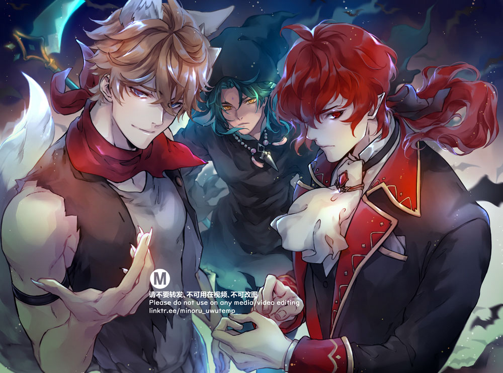 the image is a digital art piece featuring three anime boys in costumes. the boy on the left is a werewolf with a brown fur coat, a red scarf, and sharp claws. the boy in the center is dressed as a witch with a green cloak, a dark shirt, and a silver necklace. the boy on the right is dressed as a vampire with a red vest, a black coat, and a white scarf. they all have glowing eyes and appear to be smiling. the background is a dark and eerie forest with bats flying in the air. the overall feeling of the image is spooky and magical.
