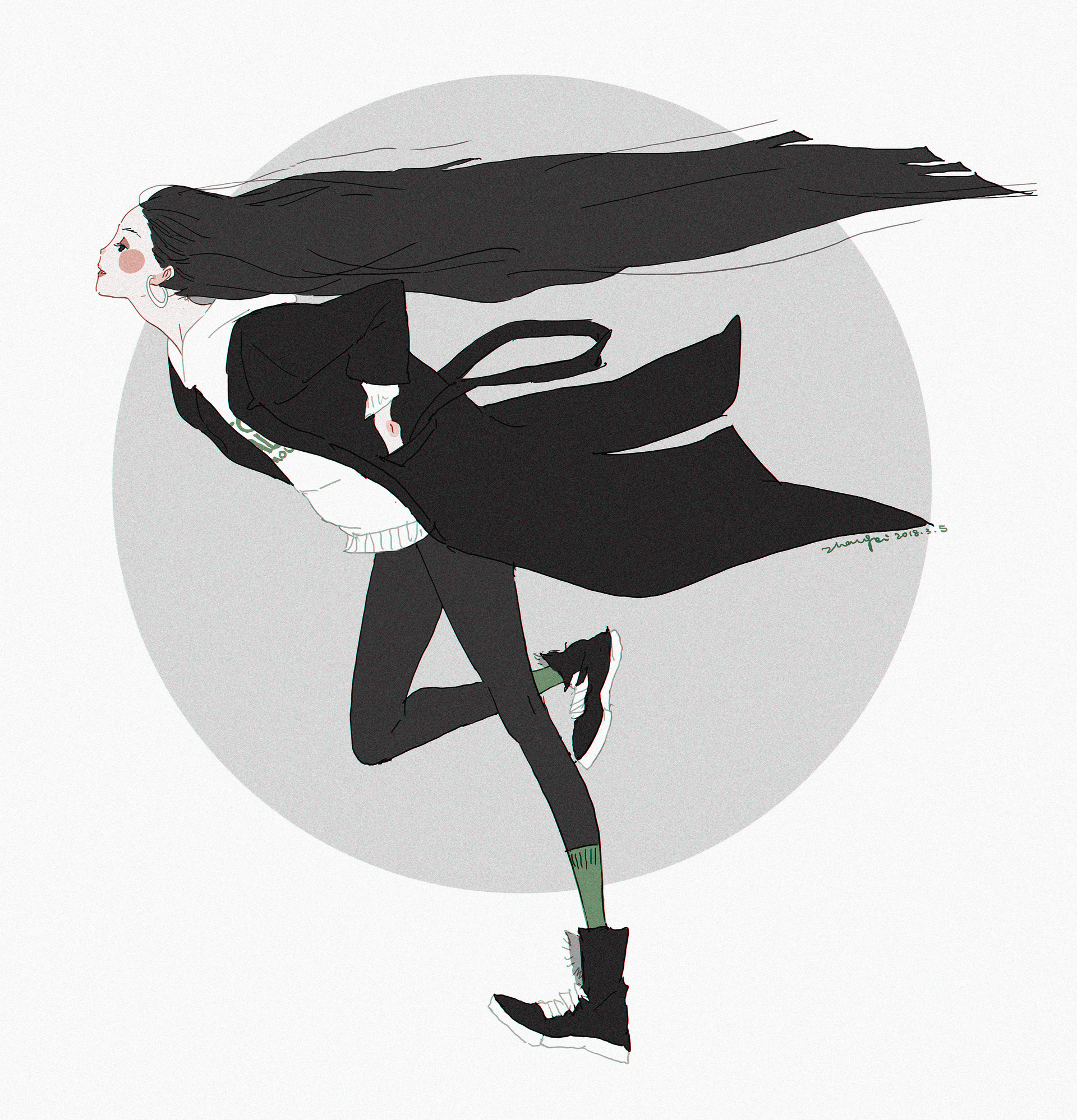 a digital art piece featuring a cartoon anime girl with black long hair running with a black coat on with green socks on. she's running on a grey background and a big circle in the background. the girl's hair is being blown by the wind and has an earring on her left ear. her eyes are looking to the left and her mouth is slightly open as if she's saying something.