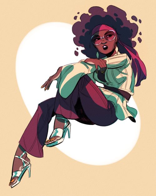 a bold illustration of a woman sitting and posing with a confident expression. her afro is massive and she is rocking a pair of seventies style sunglasses. she is wearing a colorful and stylish outfit that is reminiscent of the disco era.  the artwork is very graphic and has a cool vintage vibe.