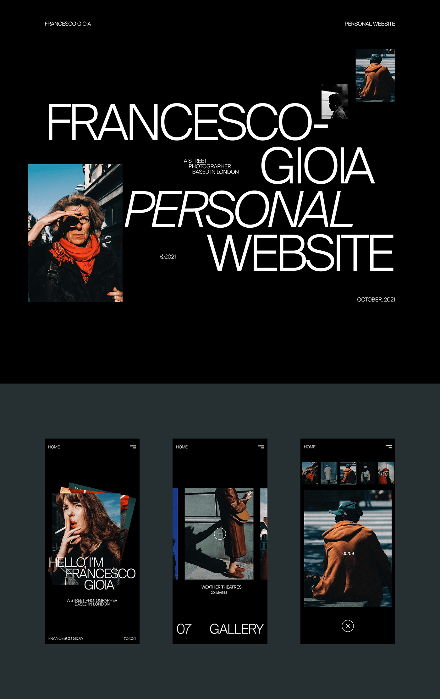 this is a website design for francesco gioia, a street photographer based in london. the website features a dark background with white text and images in a grid layout. the website includes a homepage, a gallery page, and a contact page. the website also features a logo that is a stylized version of francesco gioia's name.