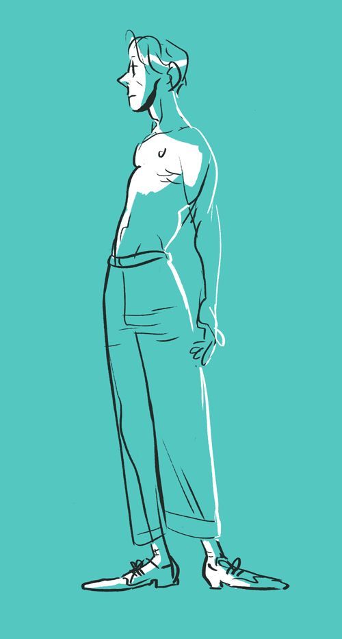 a man wearing pants and shoes is standing in side profile. he is drawn in black line art with a white fill against a teal background.