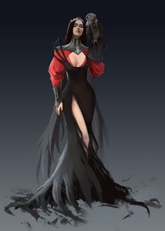 a woman in a striking black and red gown stands against a dark background. she wears a crown and holds a falcon on her left arm. her dress has a flowing train that pools around her feet, creating a dramatic silhouette. the lighting is soft and highlights her features and the intricate details of her clothing. the overall feel of the image is elegant, dark, and fantastical.