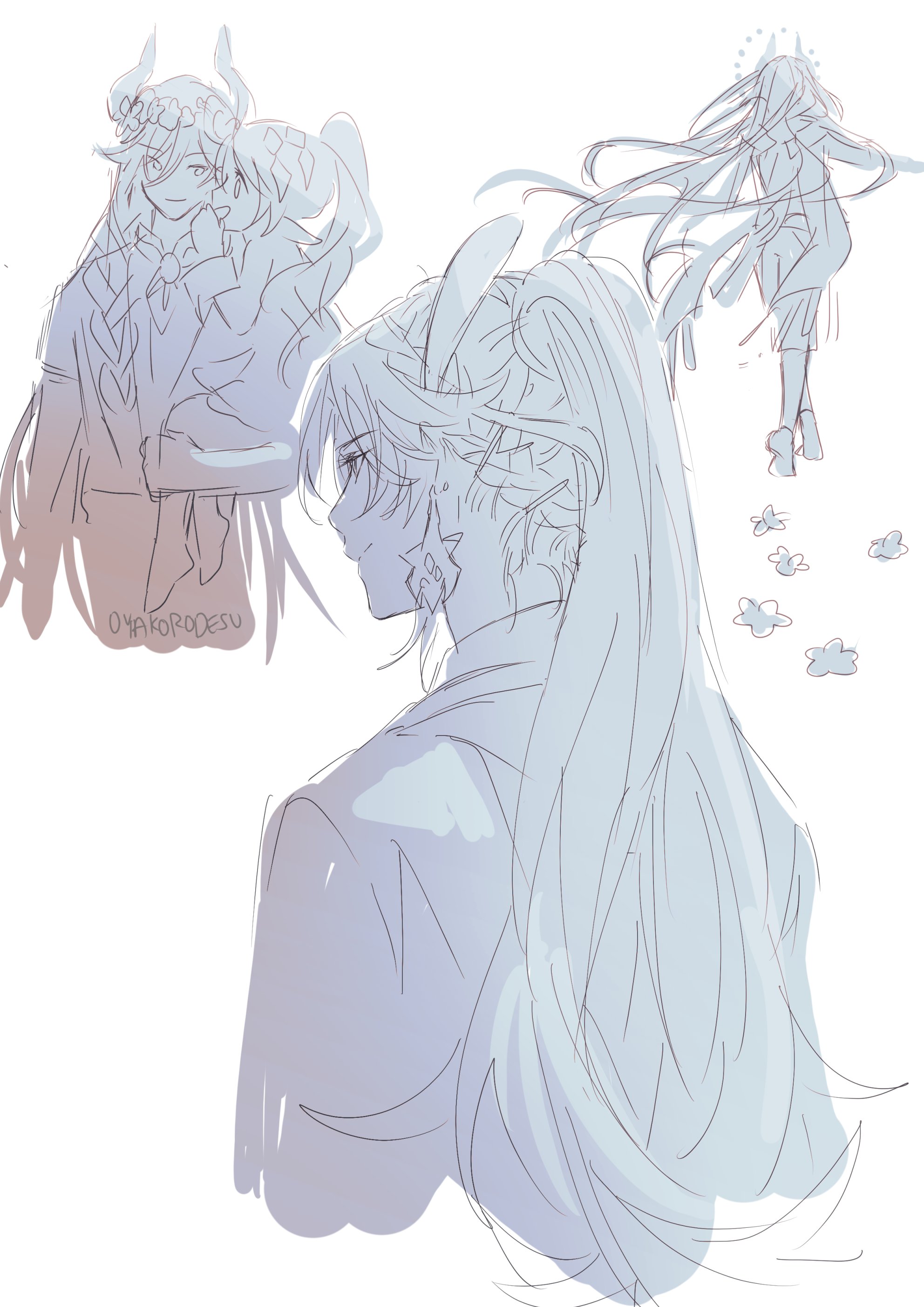 this is a drawing of three anime female characters. the character on the left has long hair and horns with an outfit that has wings attached to the arms. the character on the right has long, flowing hair with a large, white dress with flowing sleeves. the character in the middle is facing away from the viewer, she also has long hair with horns and is wearing a suit jacket. the drawing is done in light blue, white, and gray tones, with a pale blue sky background. there are light blue flowers drawn on the ground.
