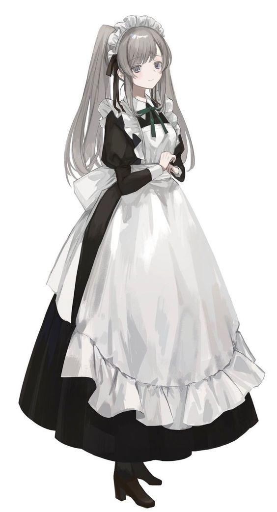 a digital illustration of an anime girl in a maid uniform, featuring a black and white dress with frills and a bow, white collar and headdress. the character has long, gray hair styled in a ponytail and is depicted in a standing position against a white background.