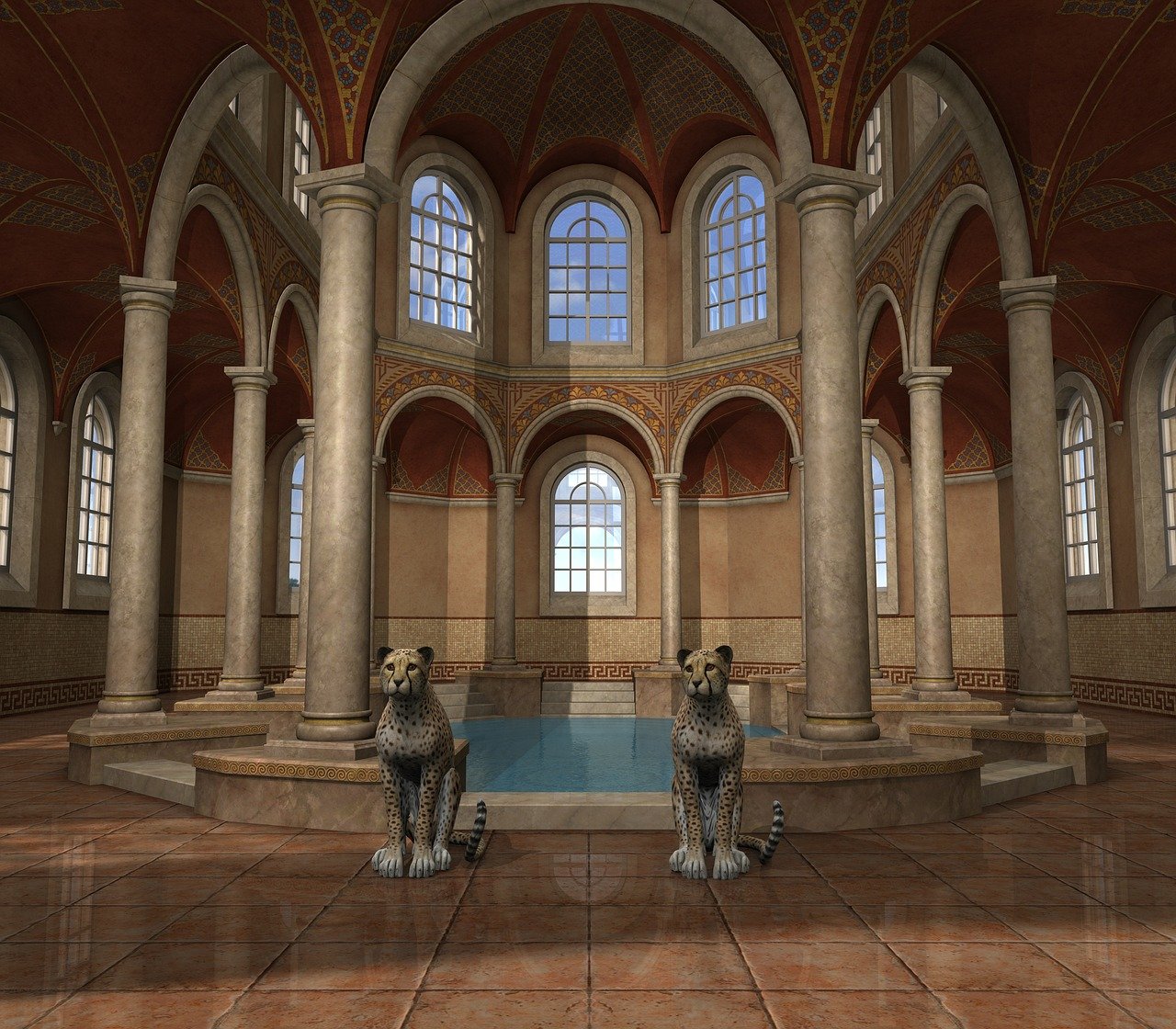 an ornate classical interior with a pool in the center flanked by two cheetah statues. tall columns and arches support a decorated dome ceiling. light streams in through arched windows. the floor is covered in tiled patterns.