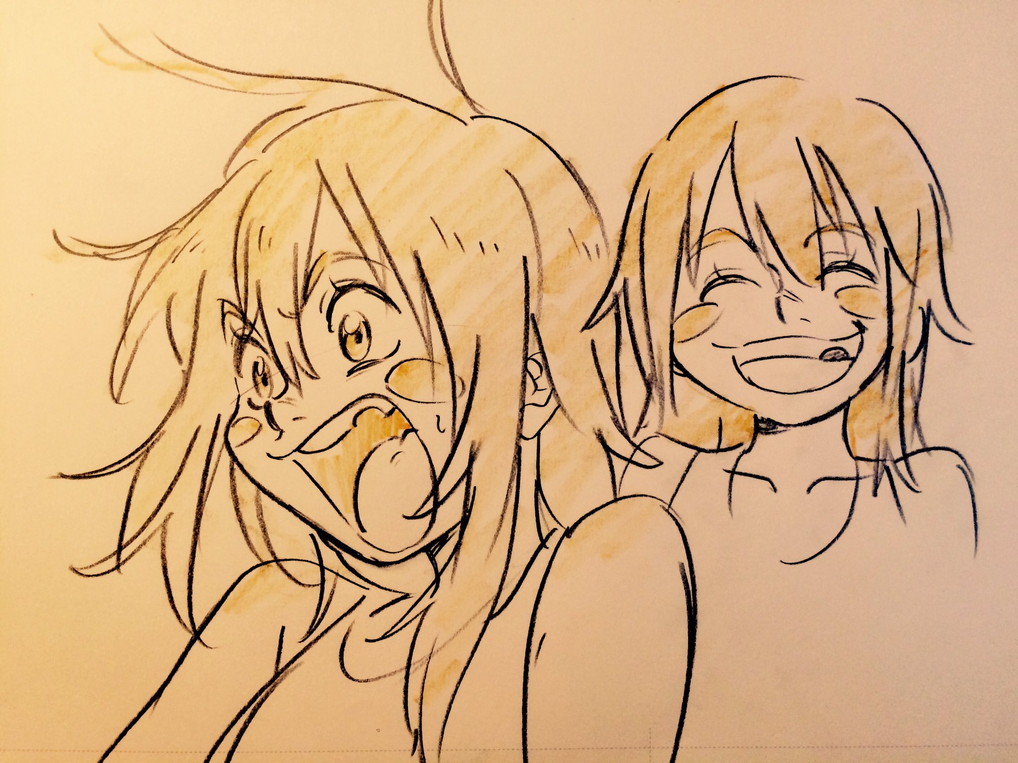 the image is a sketch of two female anime characters. the character on the left is shown with her mouth wide open, as if she's screaming. she has long hair and is wearing a tank top. the character on the right has shorter hair and is also wearing a tank top. she's smiling broadly. both characters appear to be young adults. the sketch is drawn in black ink on a beige background. there's some yellow highlighting around the character's faces and hair.